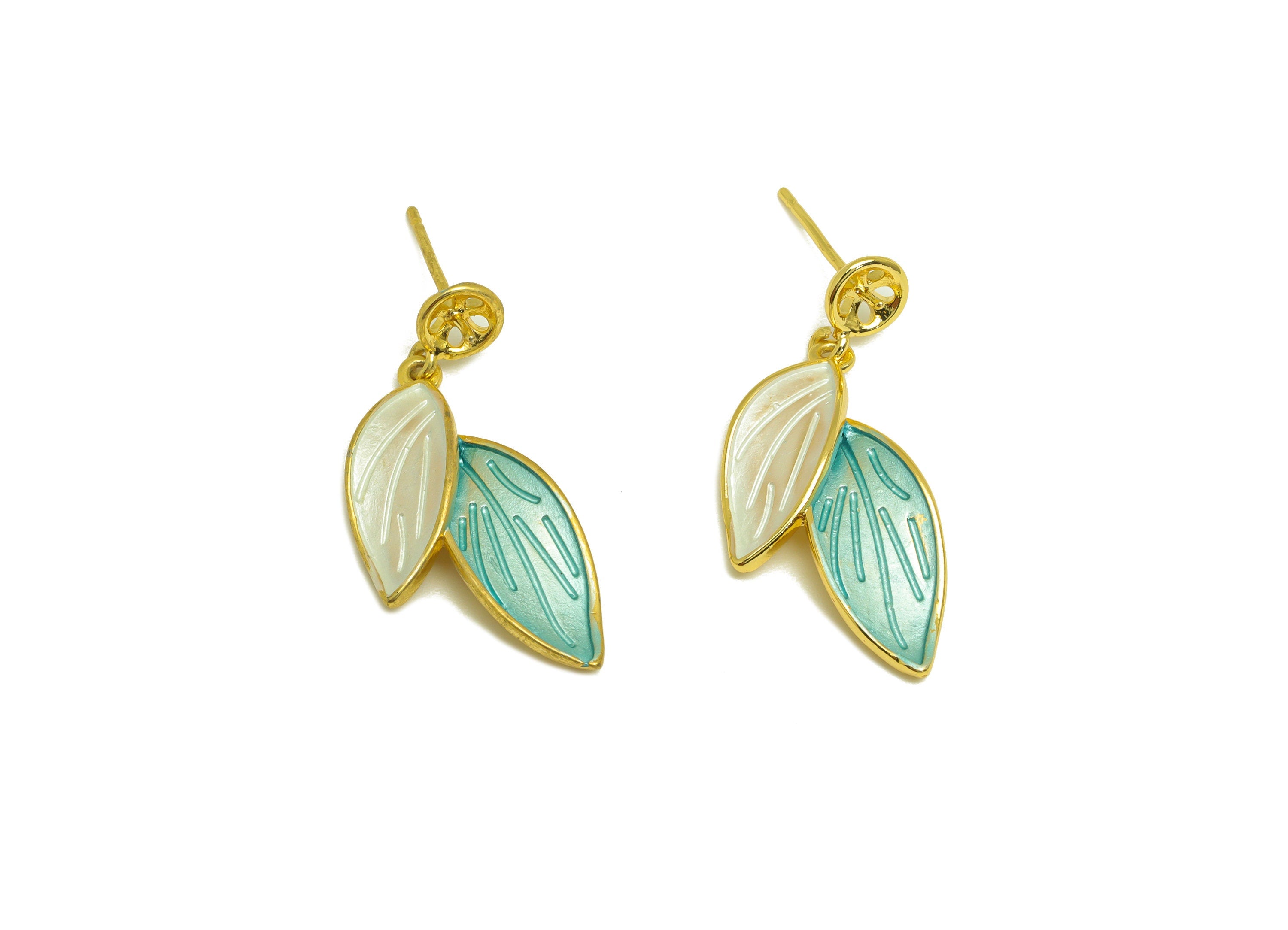 Brass Leaf Earring Stud - Brass Botanical Earring Post For Pearl - Pearl Setting - 18K Real Gold Plating - 25.36x12.83x0.8mm - RGP7033 - DOMEDBAZAAR