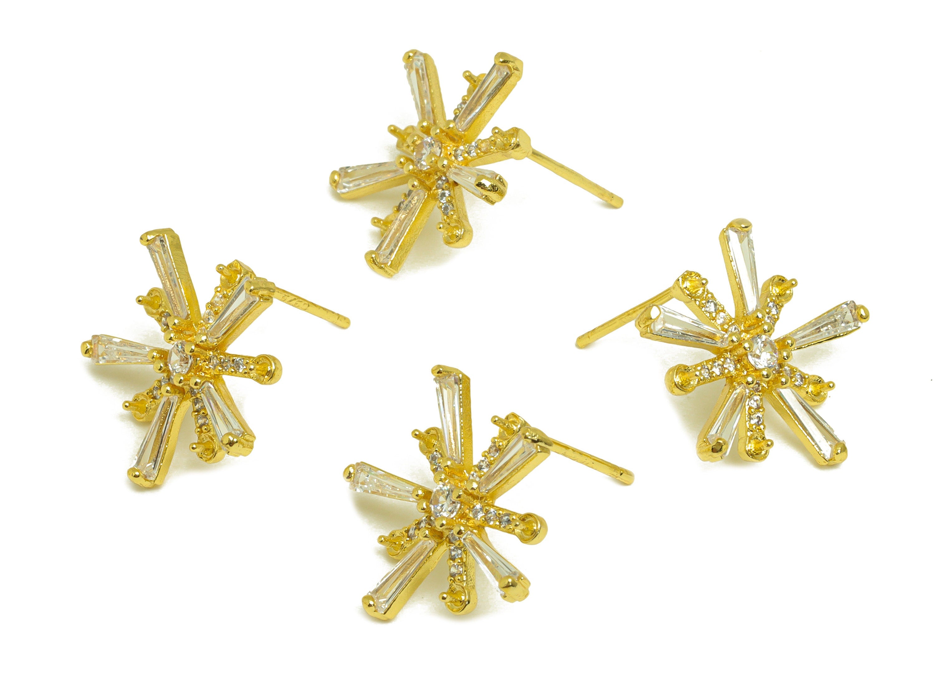 Brass CZ Flower Earring Stud - Brass Trapezoid Cubic Zircon Post For Pearl - Pearl Setting - 18K Real Gold Plating - 17x17x0.8mm - RGP7032 - DOMEDBAZAAR