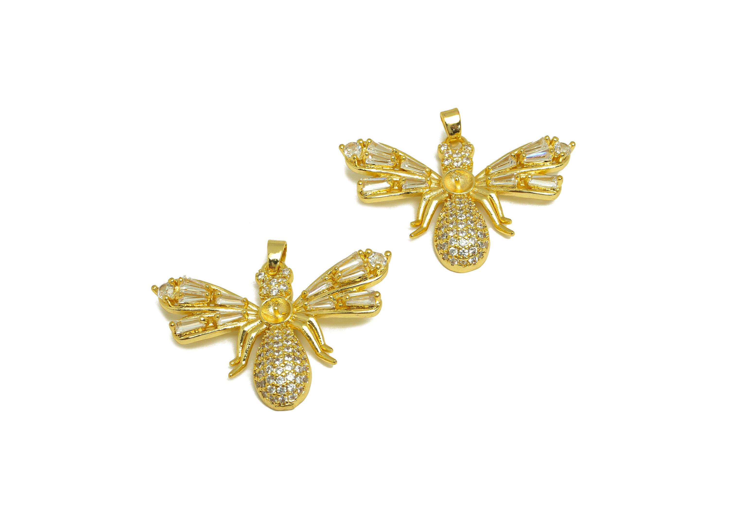 Brass CZ Bee Charm - Brass Trapezoid Cubic Zircon Pendant - Pearl Setting - Pendant for Pearl - 18K Real Gold Plating - 33x22x4mm - RGP7039 - DOMEDBAZAAR