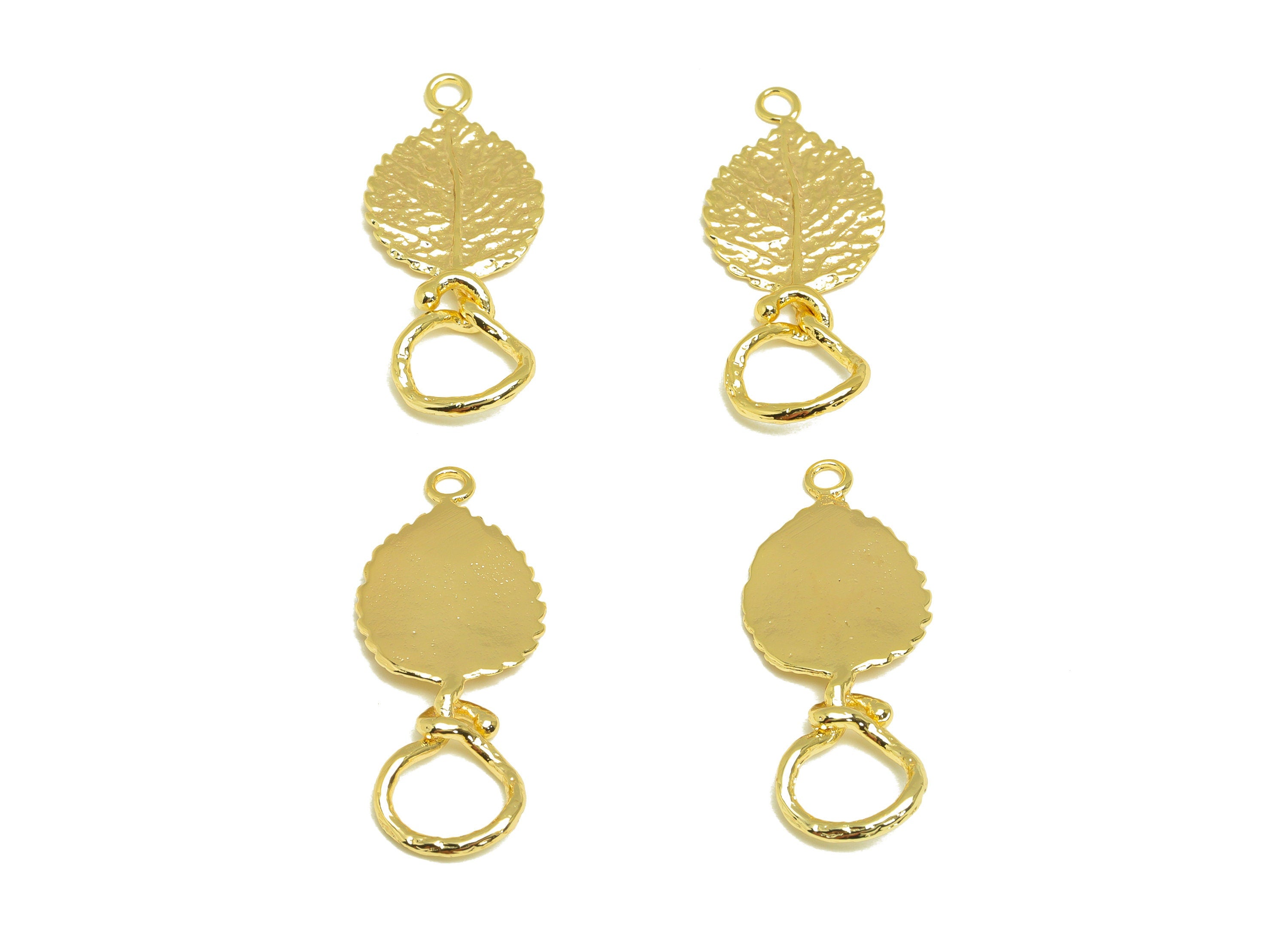 Brass Leaf Earring Charm - Brass Textured Leaf Earring Charm - Brass Leaf Knot Earring Charm - 18K Real Gold Plating - 33x13x1.8mm - RGP7071 - DOMEDBAZAAR