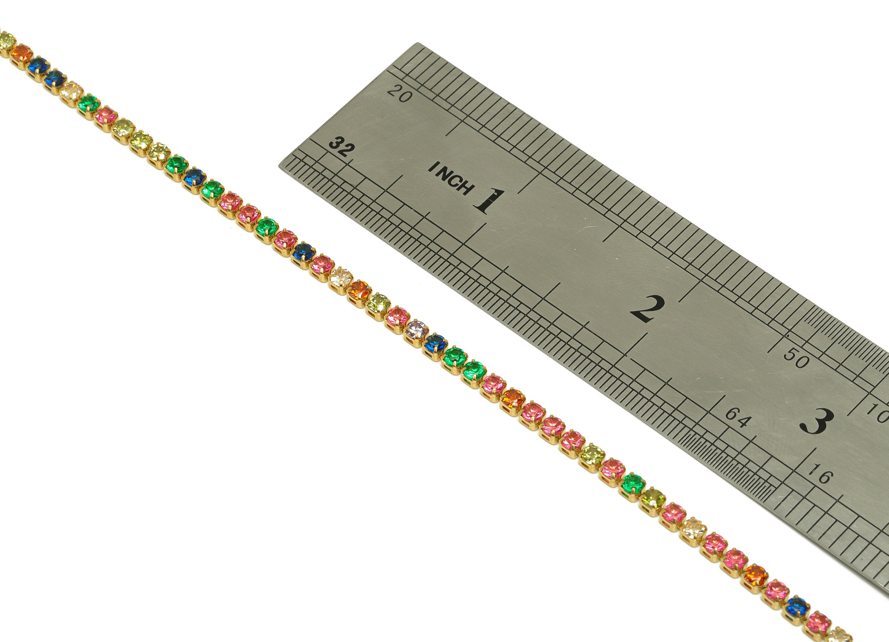 3mm Round Zircon Brass Chain - Brass Mix Color Cubic Zircon Bracelet Chain - Rainbow CZ Claw Chain - 18K Real Gold Plated - 3x3mm - RGP6910R - DOMEDBAZAAR