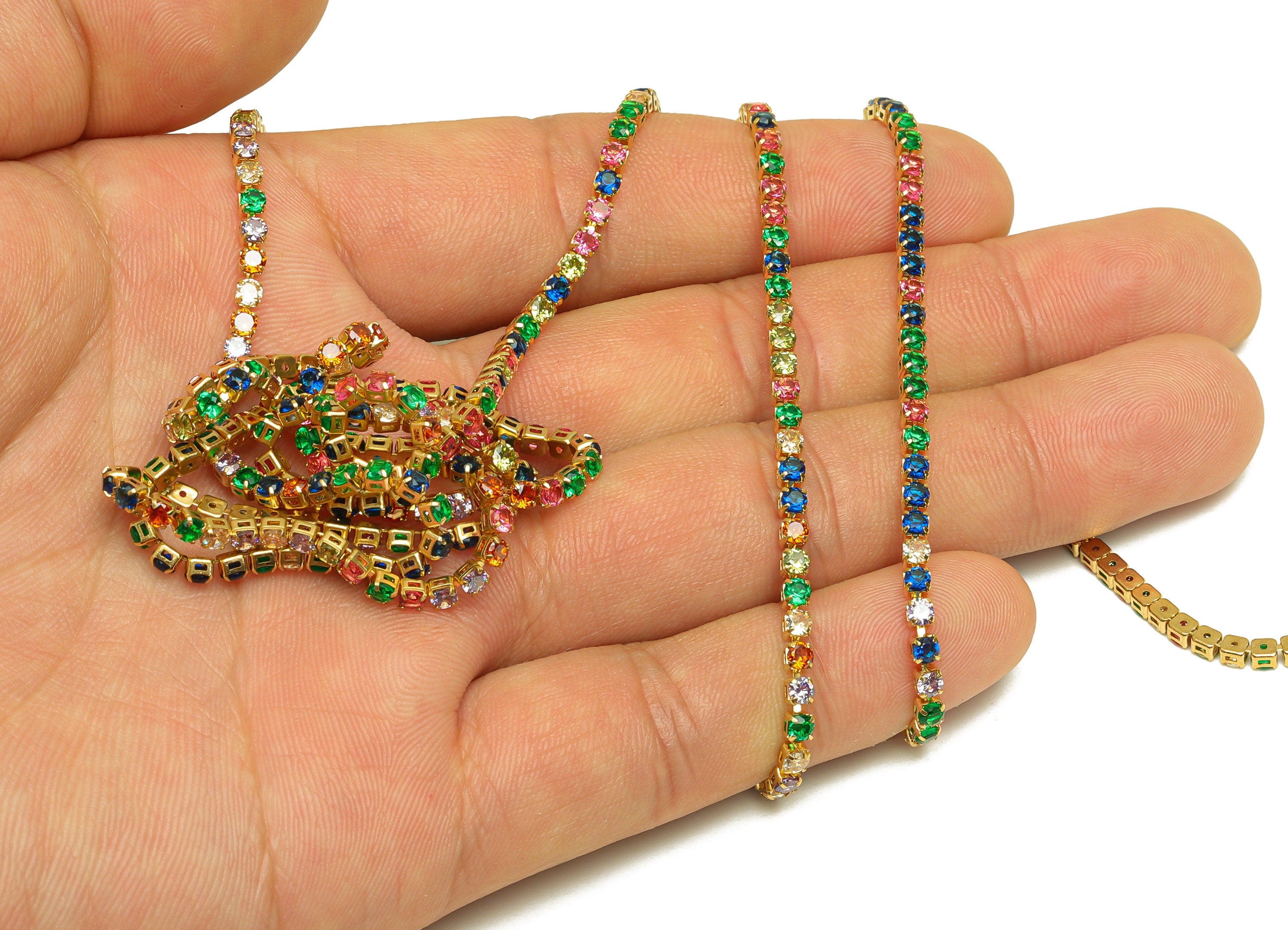 3mm Round Zircon Brass Chain - Brass Mix Color Cubic Zircon Bracelet Chain - Rainbow CZ Claw Chain - 18K Real Gold Plated - 3x3mm - RGP6910R - DOMEDBAZAAR