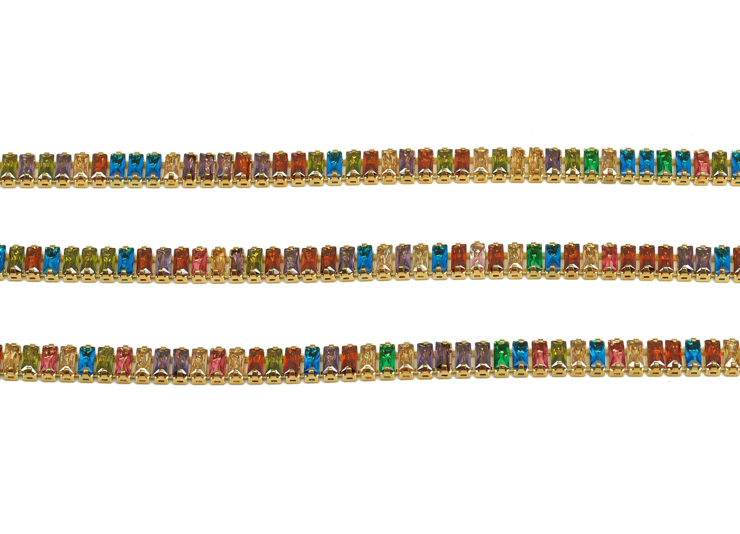 2*4mm Rectangular Zircon Brass Chain - Brass Mix Color Cubic Zircon Bracelet Chain - 18K Real Gold Plating - 2x4mm - RGP6908R - DOMEDBAZAAR