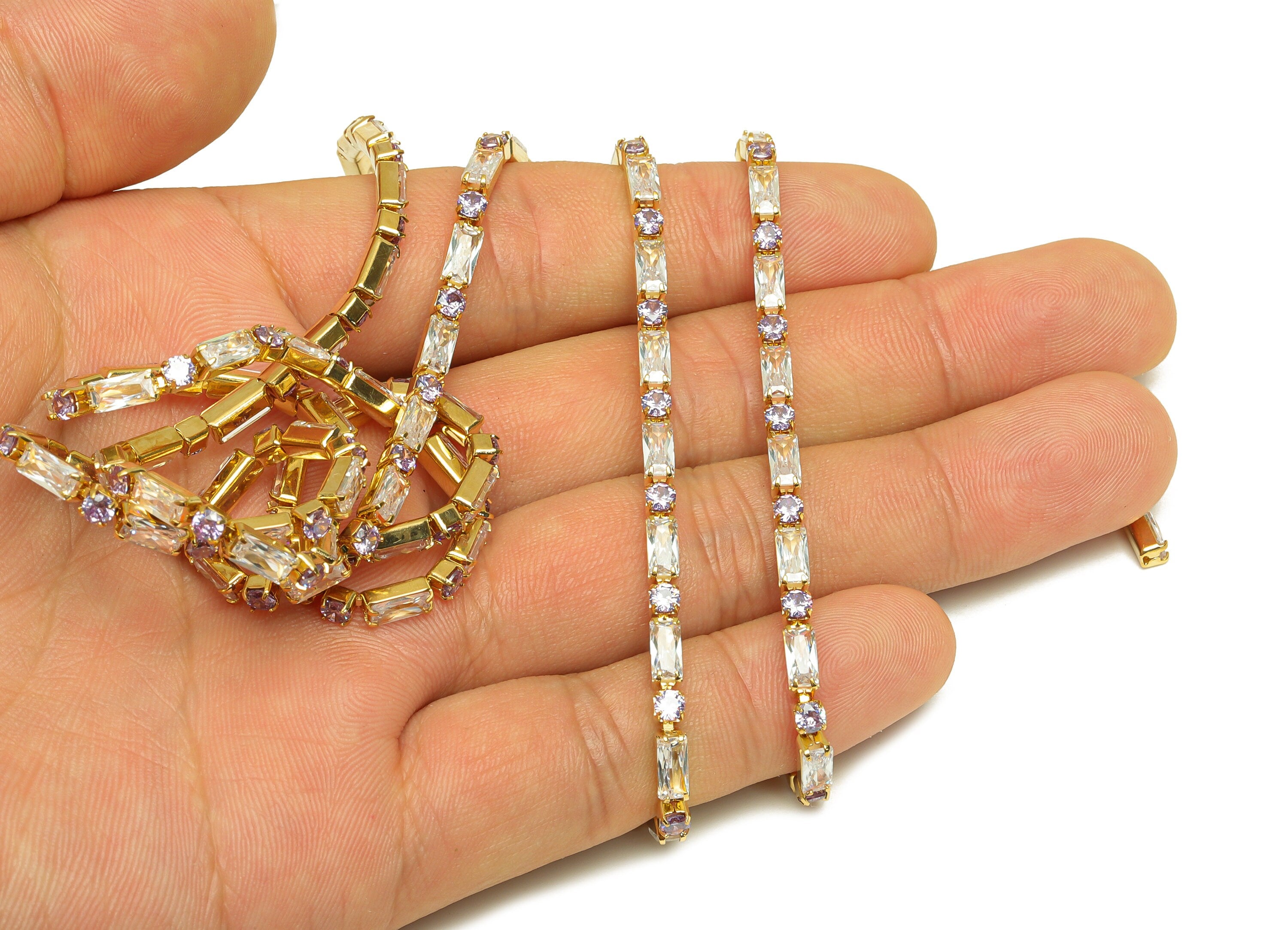 3*6mm+3mm Rectangular Zircon Brass Chain - White Purple Cubic Zircon Bracelet Chain - 18K Real Gold Plated - 21x21x1mm - RGP6916R - DOMEDBAZAAR