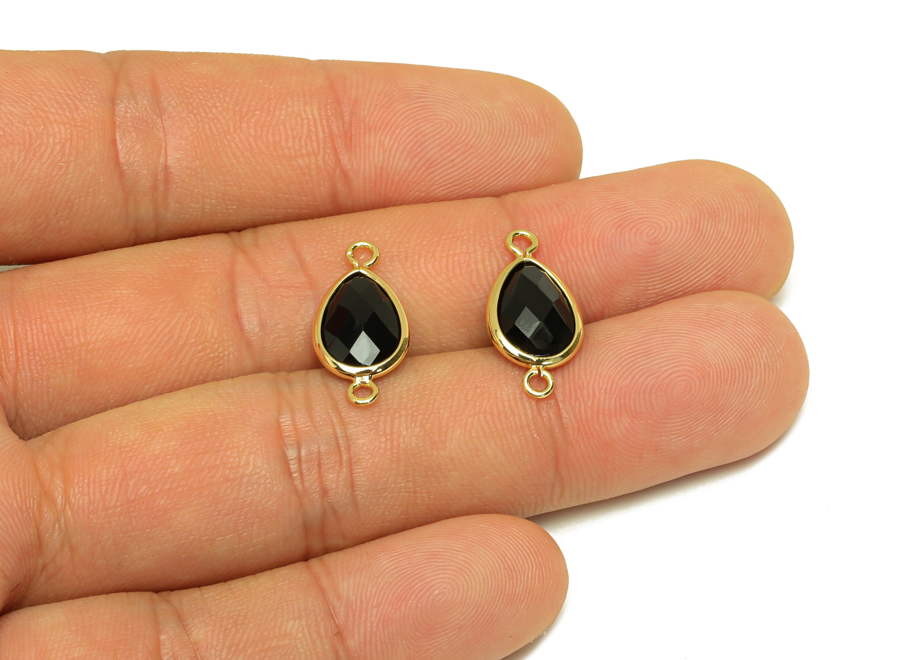 Brass Teardrop Connector - Brass Faceted Glass Earring Charm - Brass Black Glass Connector - 18K Real Gold Plating - 19x9x4mm -RGP6920D - DOMEDBAZAAR