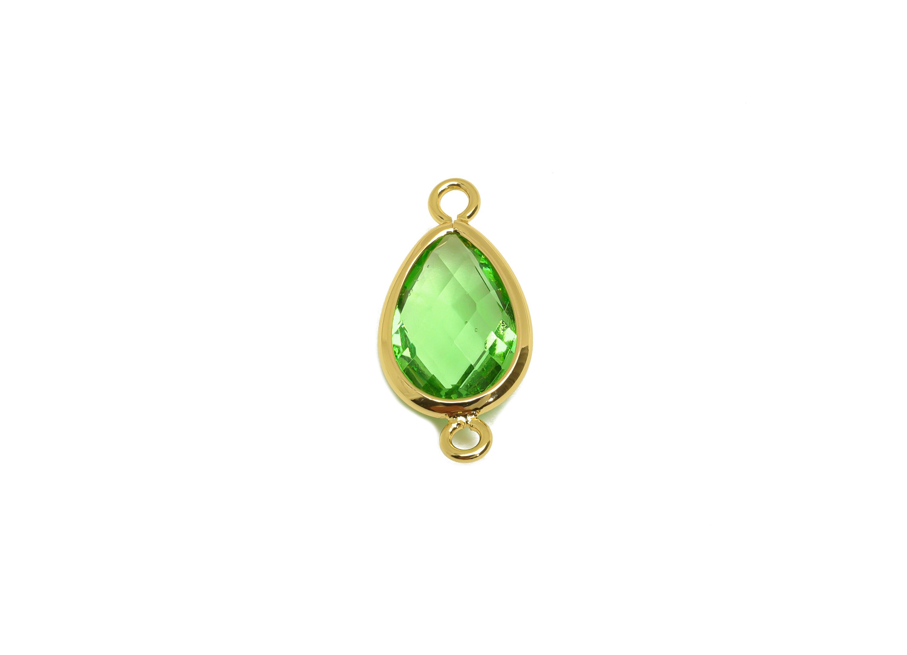 Brass Teardrop Connector - Brass Faceted Glass Earring Charm - Brass Fruit Green Glass Connector - 18K Real Gold Plated - 19x9x4mm -RGP6920B - DOMEDBAZAAR