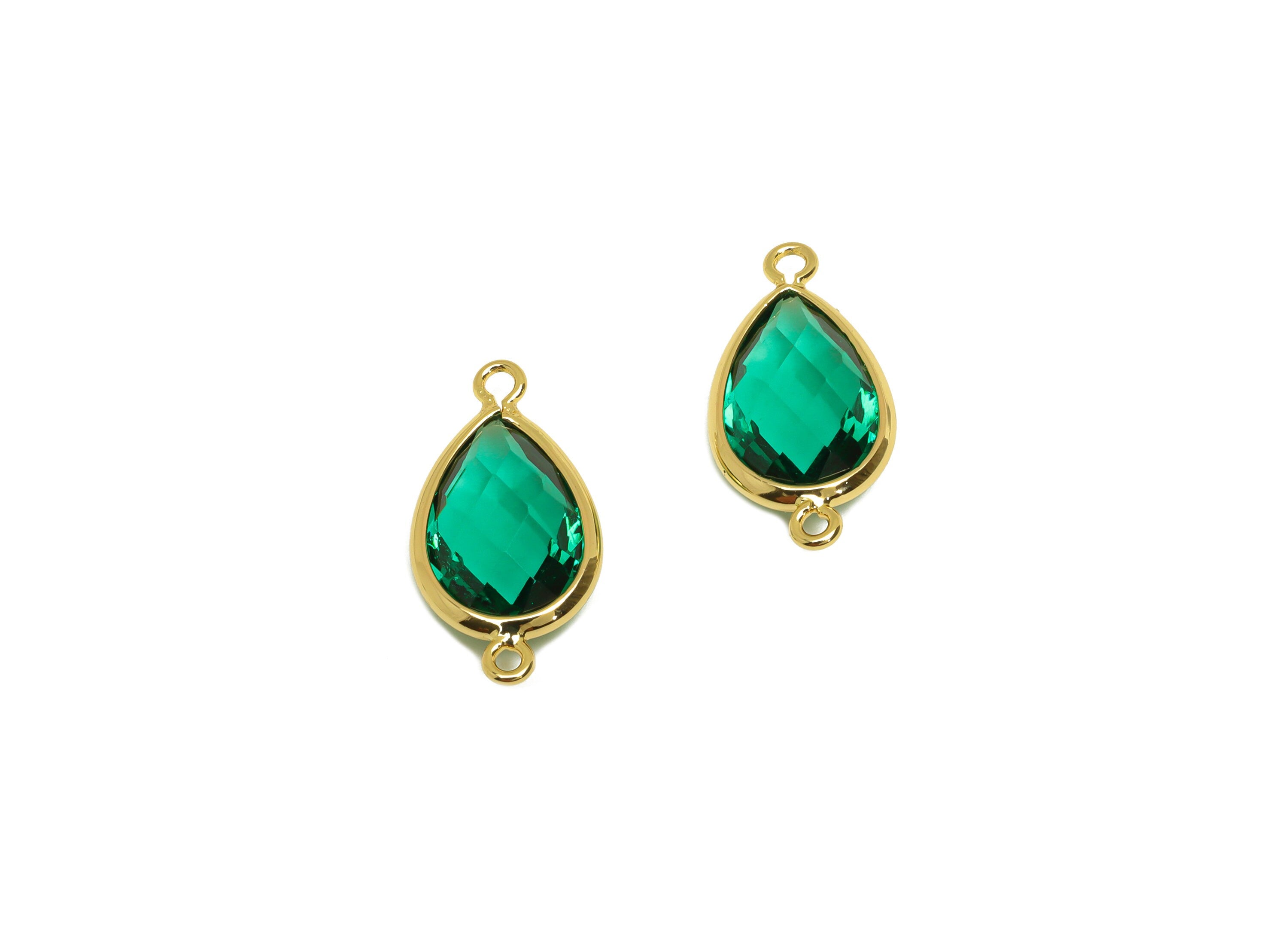 Brass Teardrop Connector - Brass Faceted Glass Earring Charm - Brass Hole Green Glass Connector - 18K Real Gold Plated - 18x9x4mm - RGP6920N - DOMEDBAZAAR