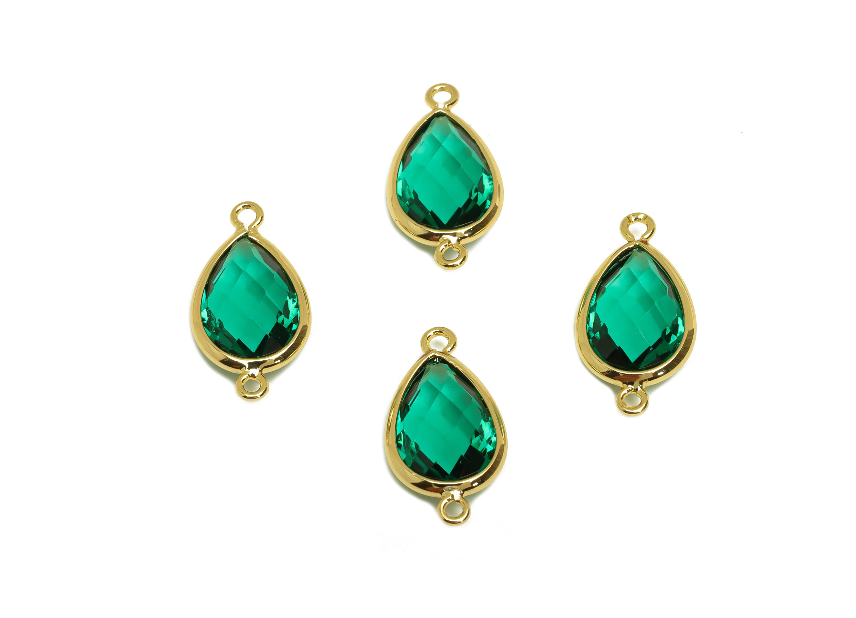 Brass Teardrop Connector - Brass Faceted Glass Earring Charm - Brass Hole Green Glass Connector - 18K Real Gold Plated - 18x9x4mm - RGP6920N - DOMEDBAZAAR