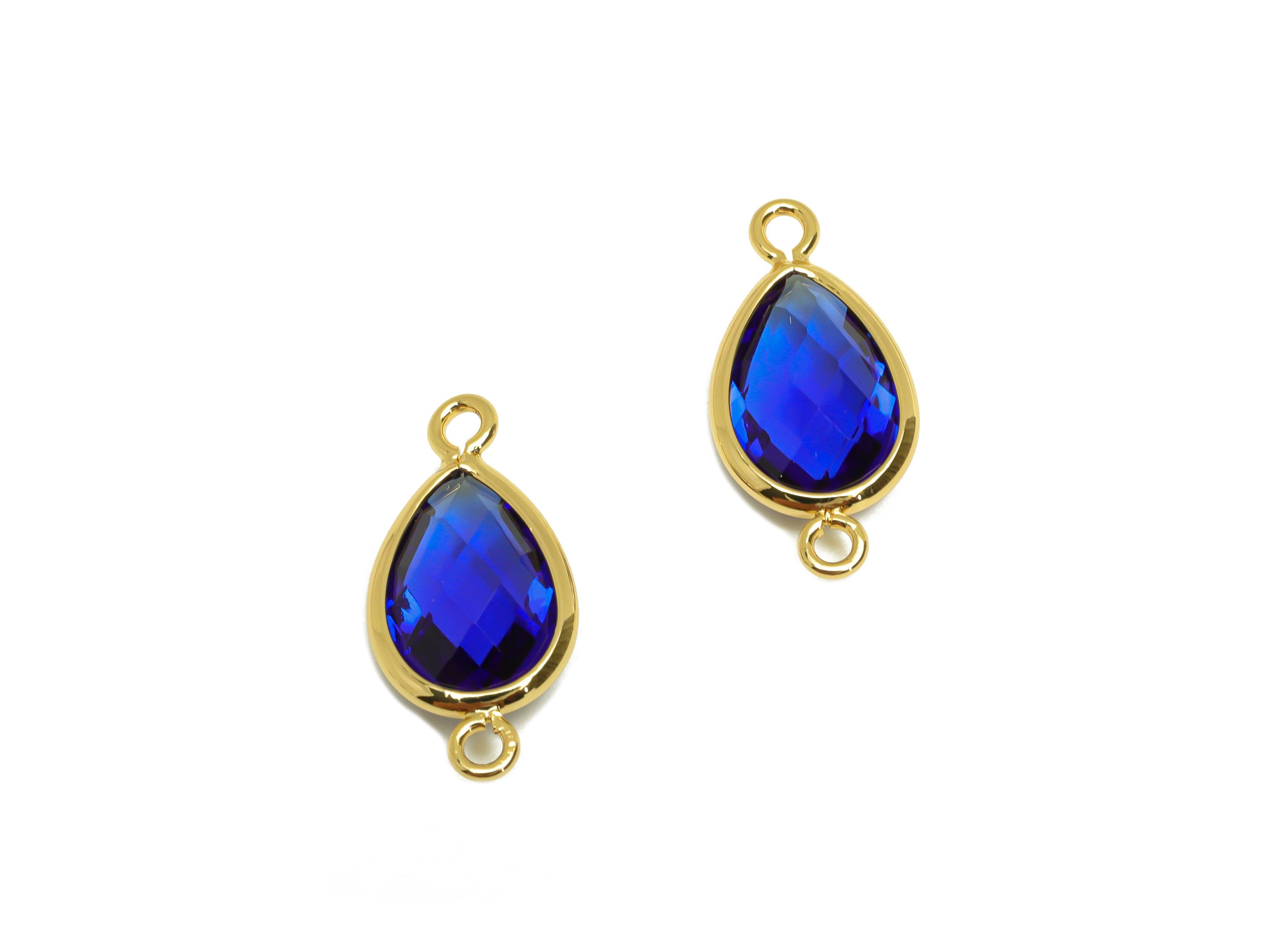 Brass Teardrop Connector - Brass Faceted Glass Earring Charm - Brass Medium Blue Glass Connector - 18K Real Gold Plated - 19x9x4mm -RGP6920P - DOMEDBAZAAR