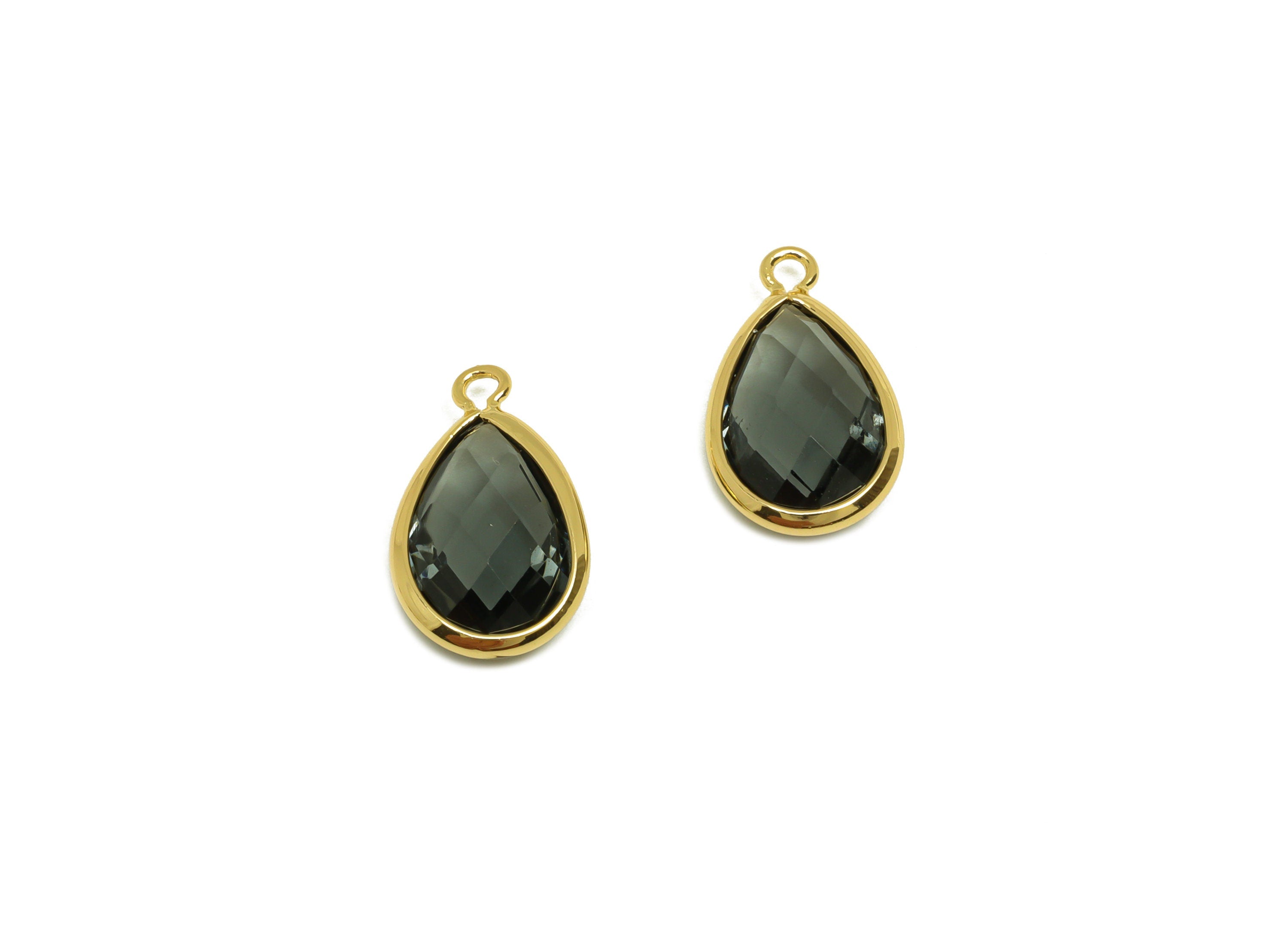 Brass Teardrop Earring Charm - Brass Faceted Glass Earring Charm - Brass Transparent Black Charm - 18K Real Gold Plated - 15x9x4mm -RGP6919G - DOMEDBAZAAR