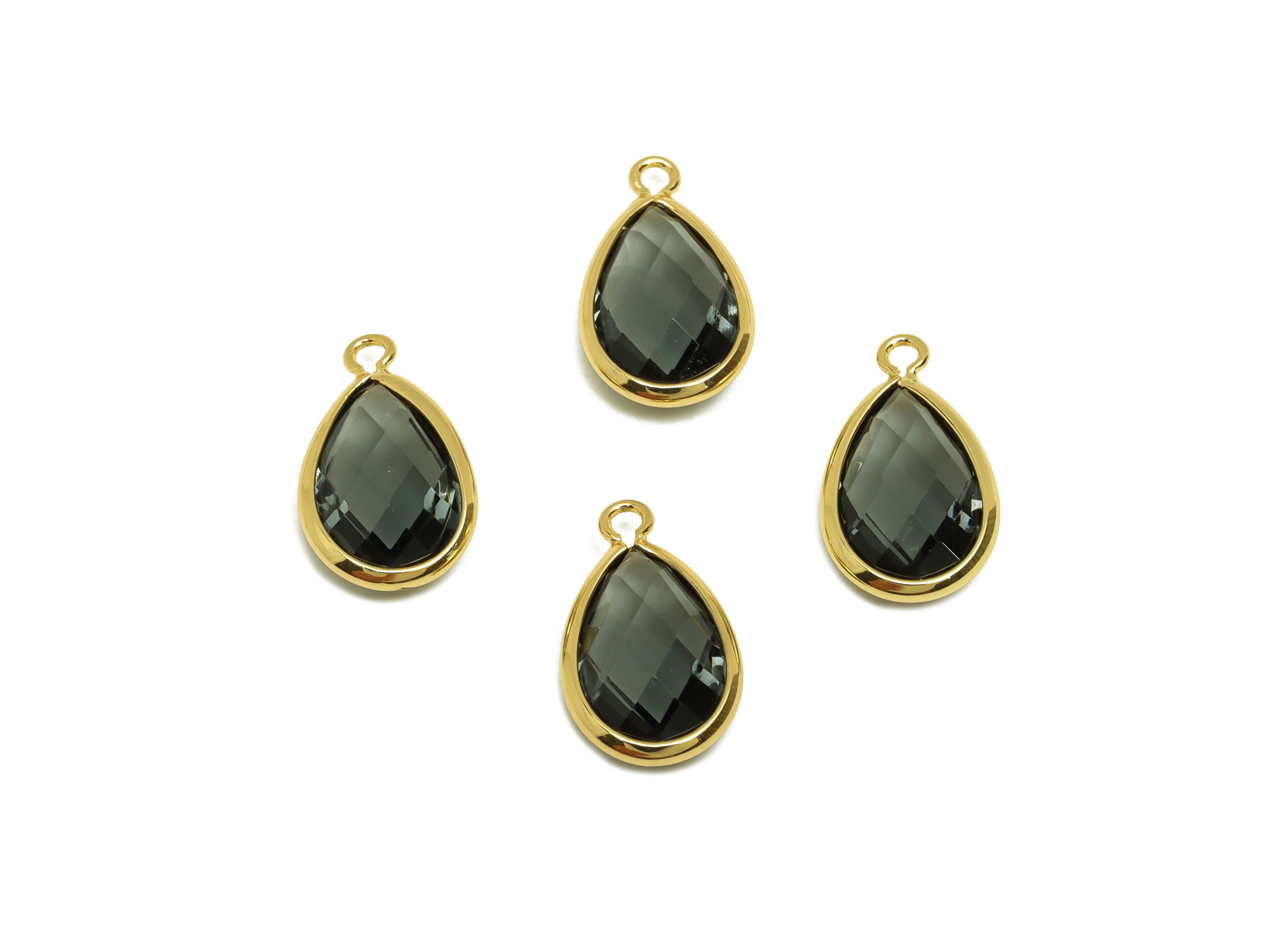 Brass Teardrop Earring Charm - Brass Faceted Glass Earring Charm - Brass Transparent Black Charm - 18K Real Gold Plated - 15x9x4mm -RGP6919G - DOMEDBAZAAR