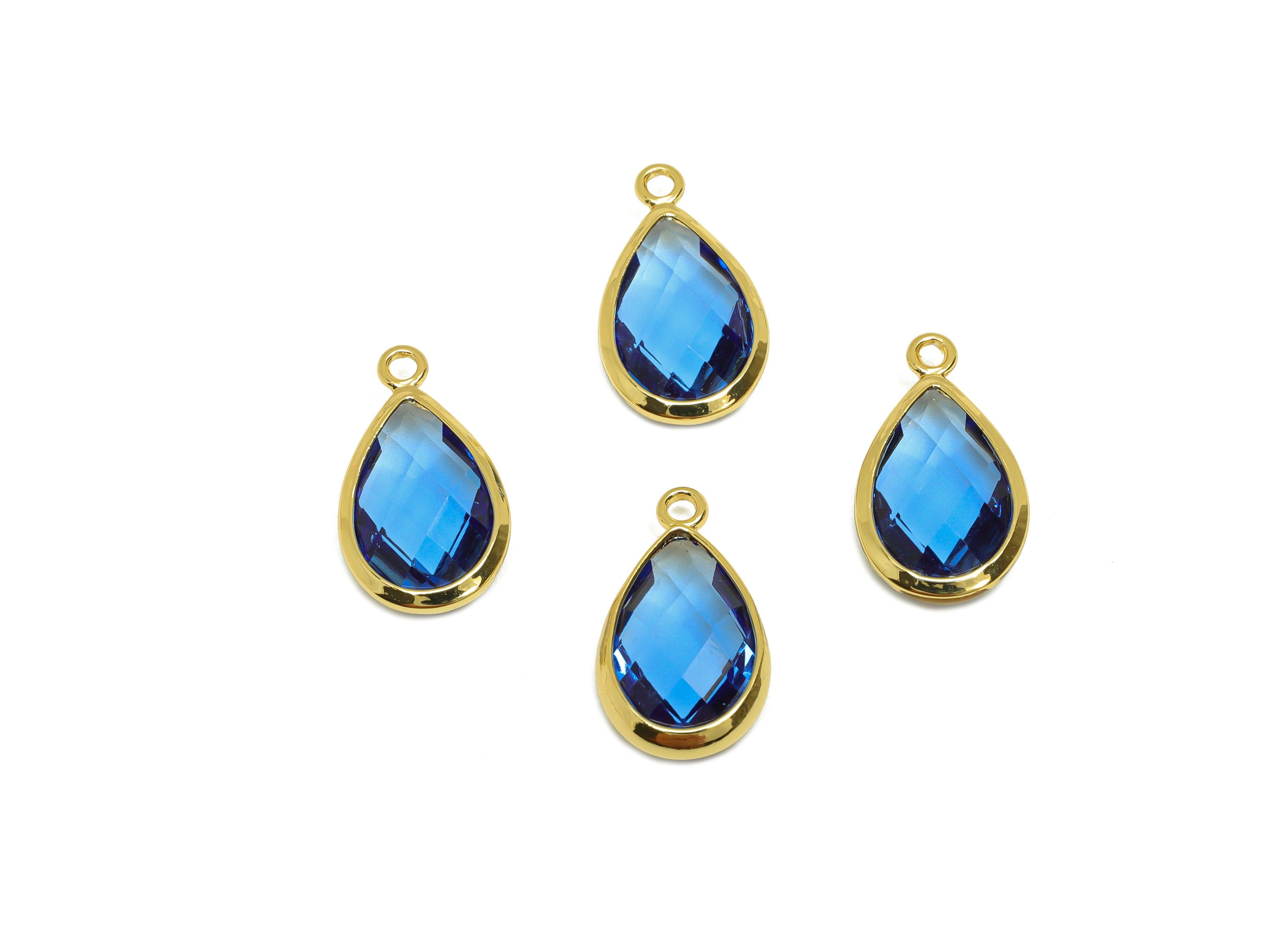 Brass Teardrop Earring Charm - Brass Faceted Glass Earring Charm - Brass Royal Blue Charm - 18K Real Gold Plated - 15x9x4mm - RGP6919C - DOMEDBAZAAR