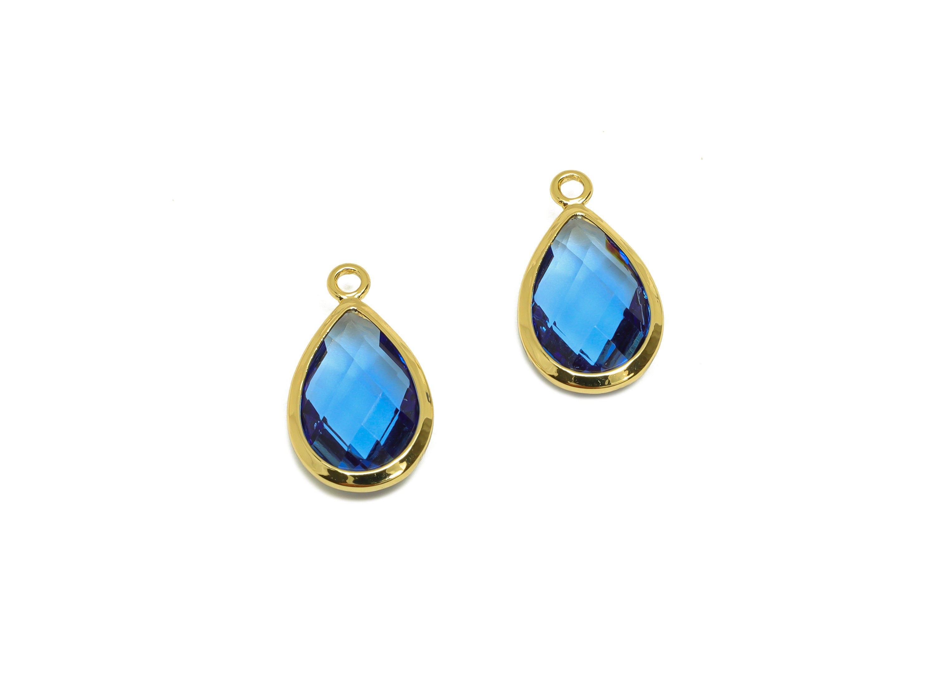 Brass Teardrop Earring Charm - Brass Faceted Glass Earring Charm - Brass Royal Blue Charm - 18K Real Gold Plated - 15x9x4mm - RGP6919C - DOMEDBAZAAR