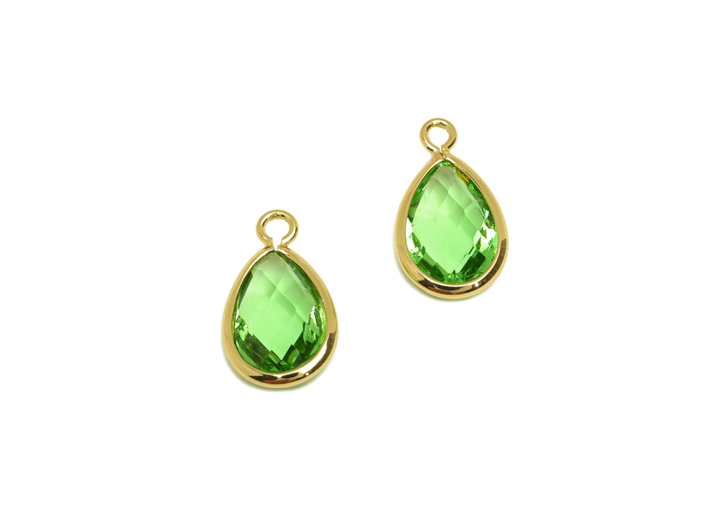 Brass Teardrop Earring Charm - Brass Faceted Glass Earring Charm - Brass Fruit Green Charm - 18K Real Gold Plated - 15x9x4mm - RGP6919B - DOMEDBAZAAR