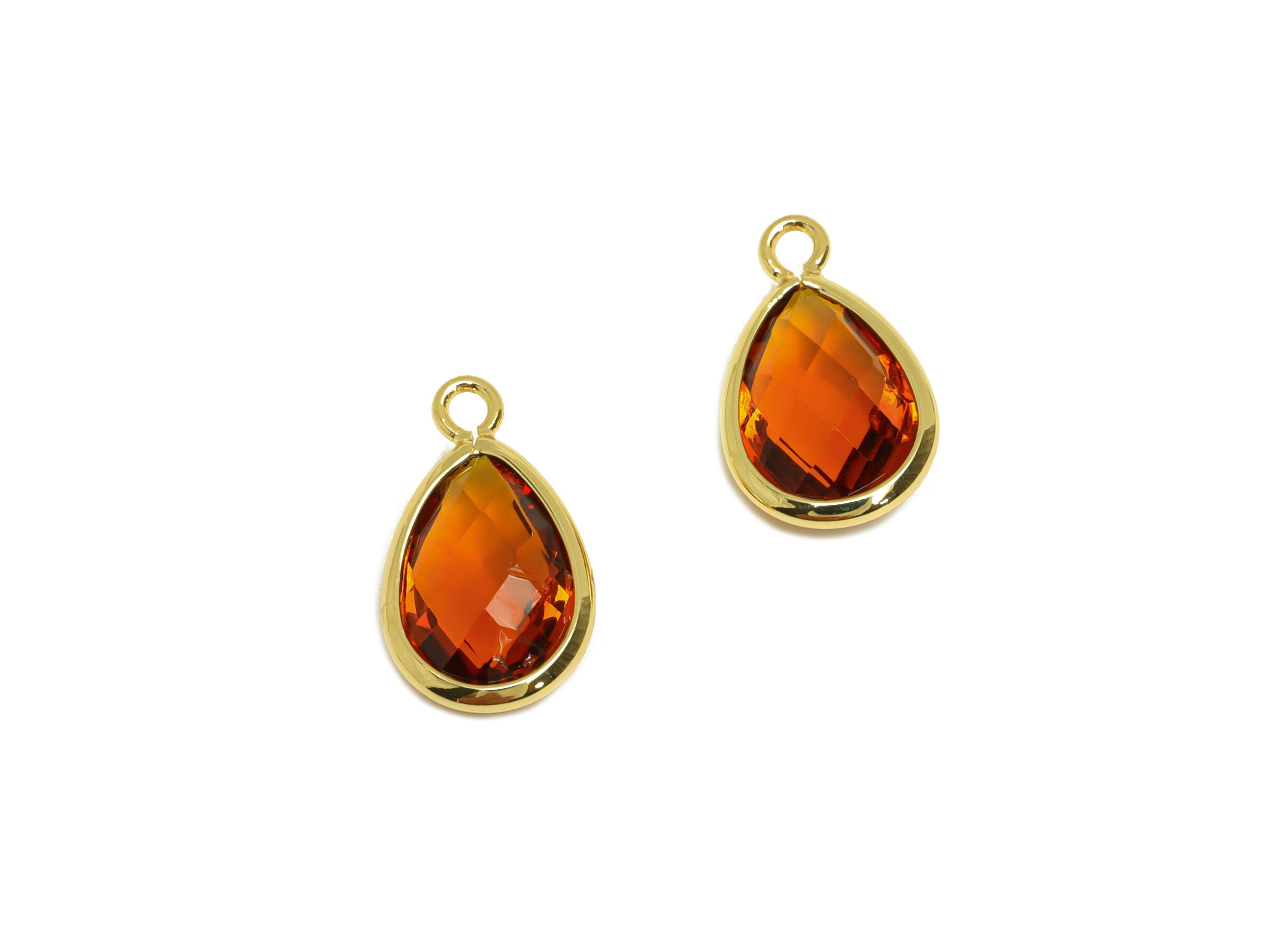 Brass Teardrop Earring Charm - Brass Faceted Glass Earring Charm - Brass Tawny Charm - 18K Real Gold Plated - 16.5x9.45x4.7mm- RGP6919A - DOMEDBAZAAR