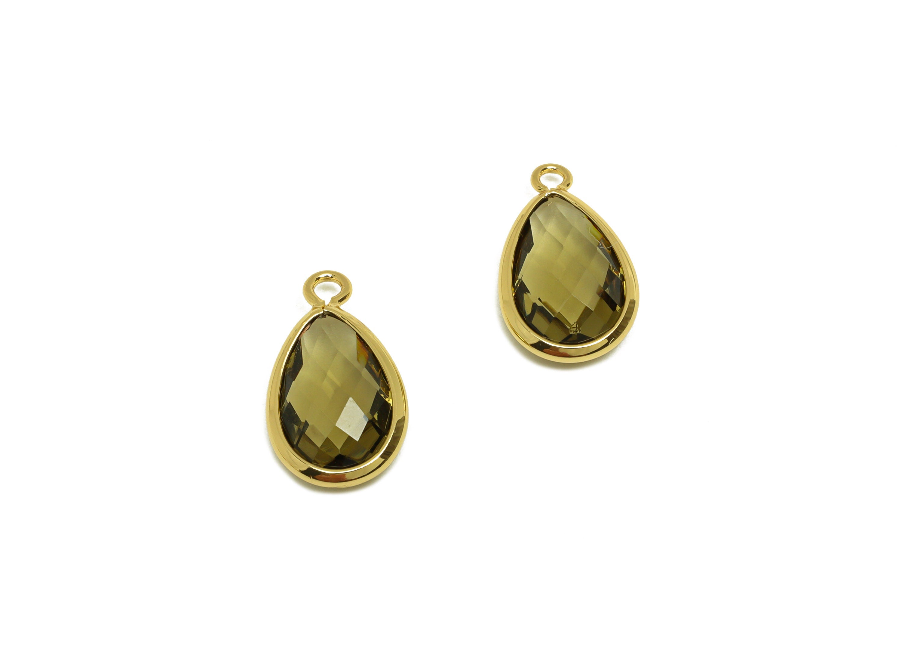 Brass Teardrop Earring Charm - Brass Faceted Glass Earring Charm - Brass Gray Charm - 18K Real Gold Plated - 16.5x9.45x4.7mm- RGP6919H - DOMEDBAZAAR