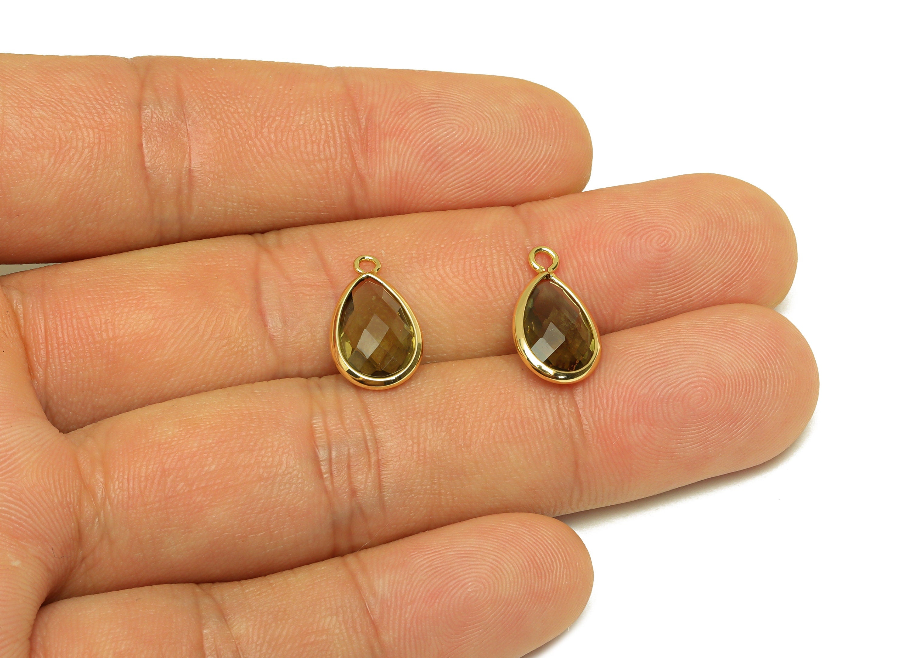 Brass Teardrop Earring Charm - Brass Faceted Glass Earring Charm - Brass Gray Charm - 18K Real Gold Plated - 16.5x9.45x4.7mm- RGP6919H - DOMEDBAZAAR