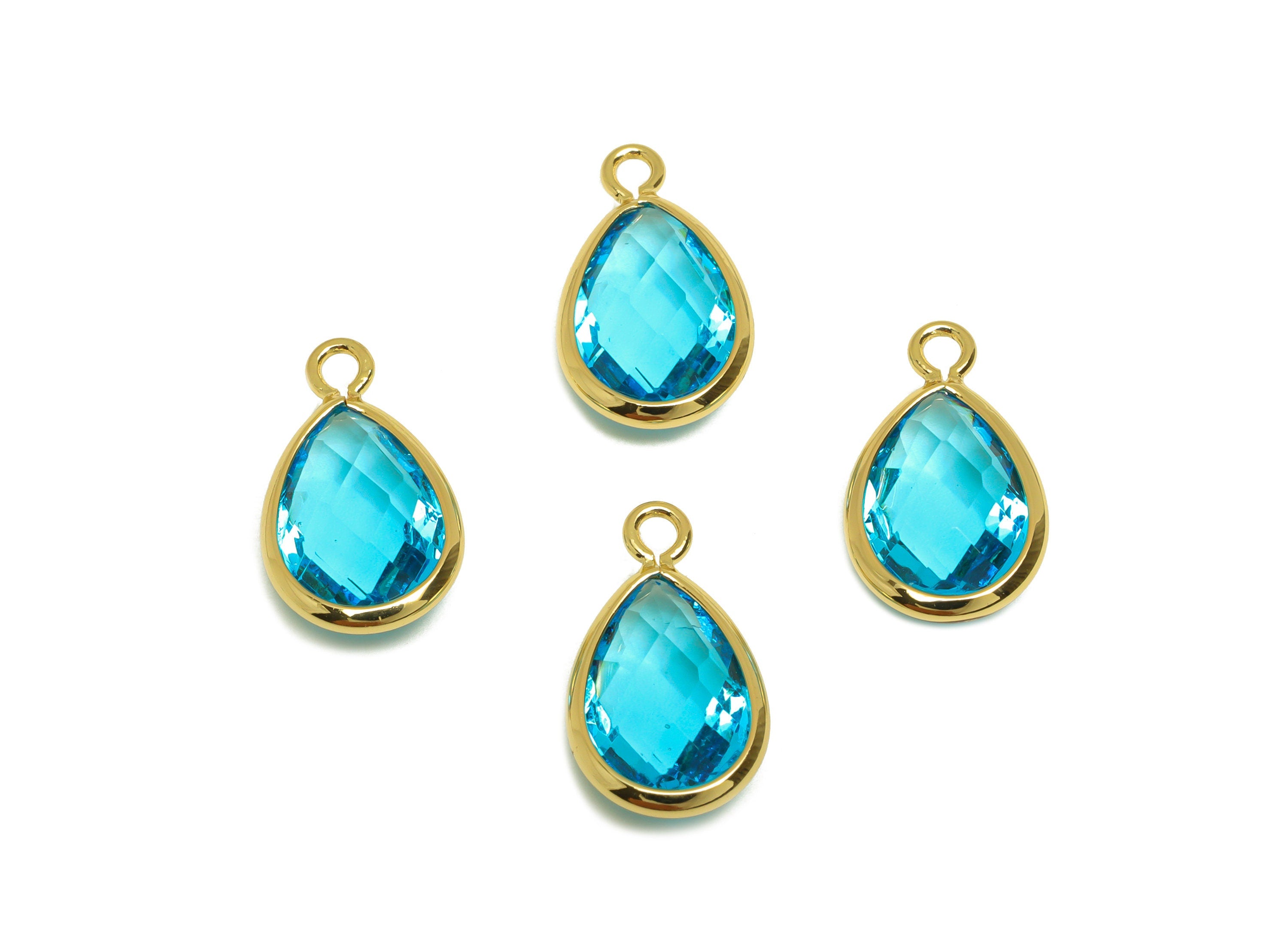 Brass Teardrop Earring Charm - Brass Faceted Glass Earring Charm - Brass Hole Blue Charm - 18K Real Gold Plated - 16.5x9.45x4.7mm- RGP6919M - DOMEDBAZAAR