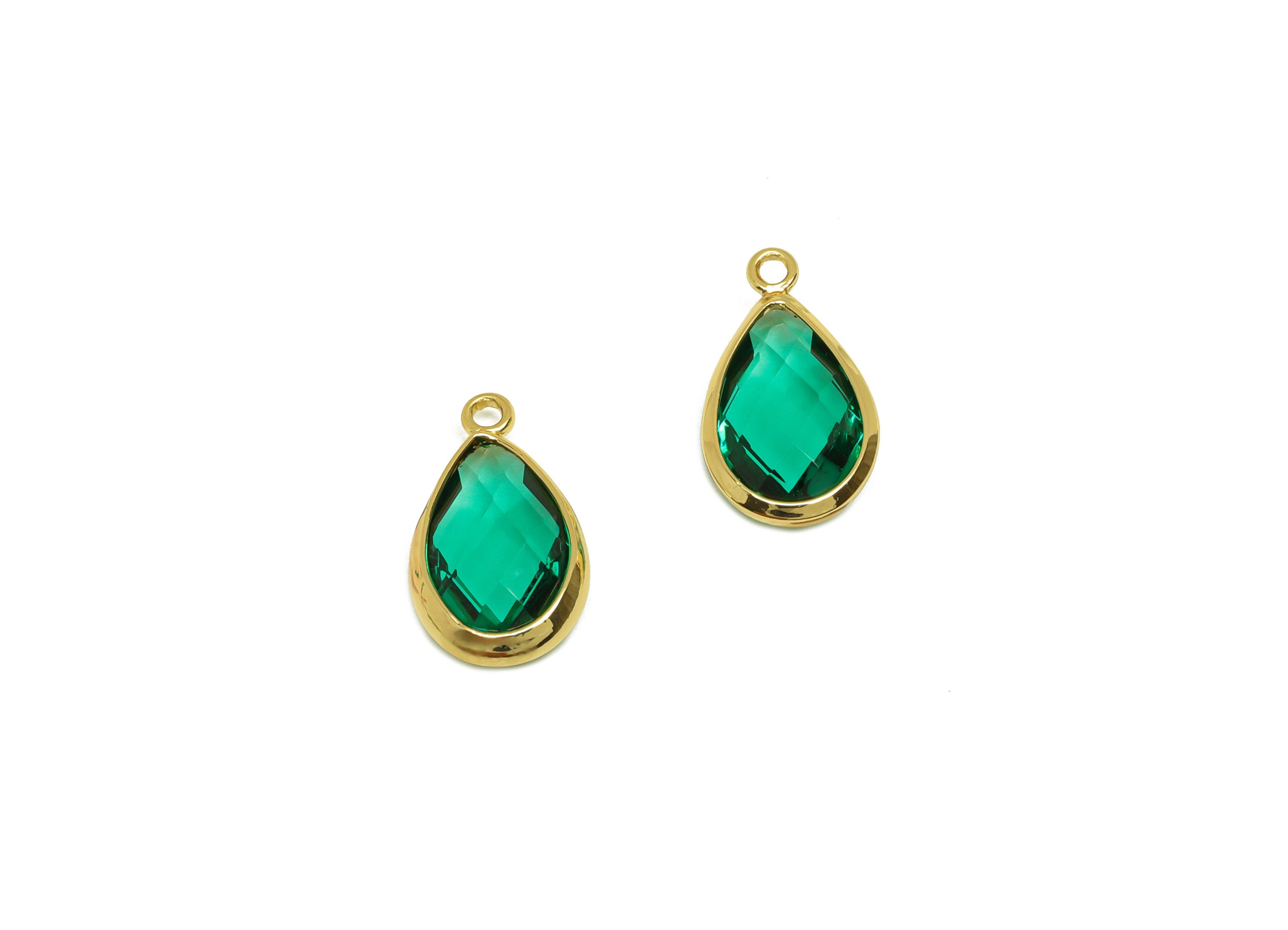 Brass Teardrop Earring Charm - Brass Faceted Glass Earring Charm - Brass Hole Green Charm - 18K Real Gold Plated - 16.5x9.45x4.7mm- RGP6919N - DOMEDBAZAAR