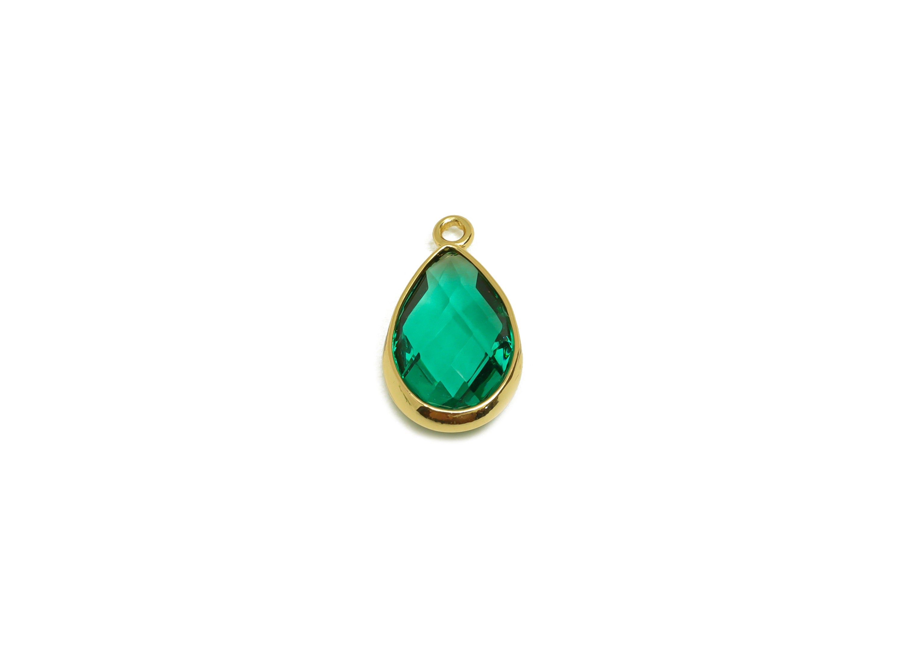 Brass Teardrop Earring Charm - Brass Faceted Glass Earring Charm - Brass Hole Green Charm - 18K Real Gold Plated - 16.5x9.45x4.7mm- RGP6919N - DOMEDBAZAAR