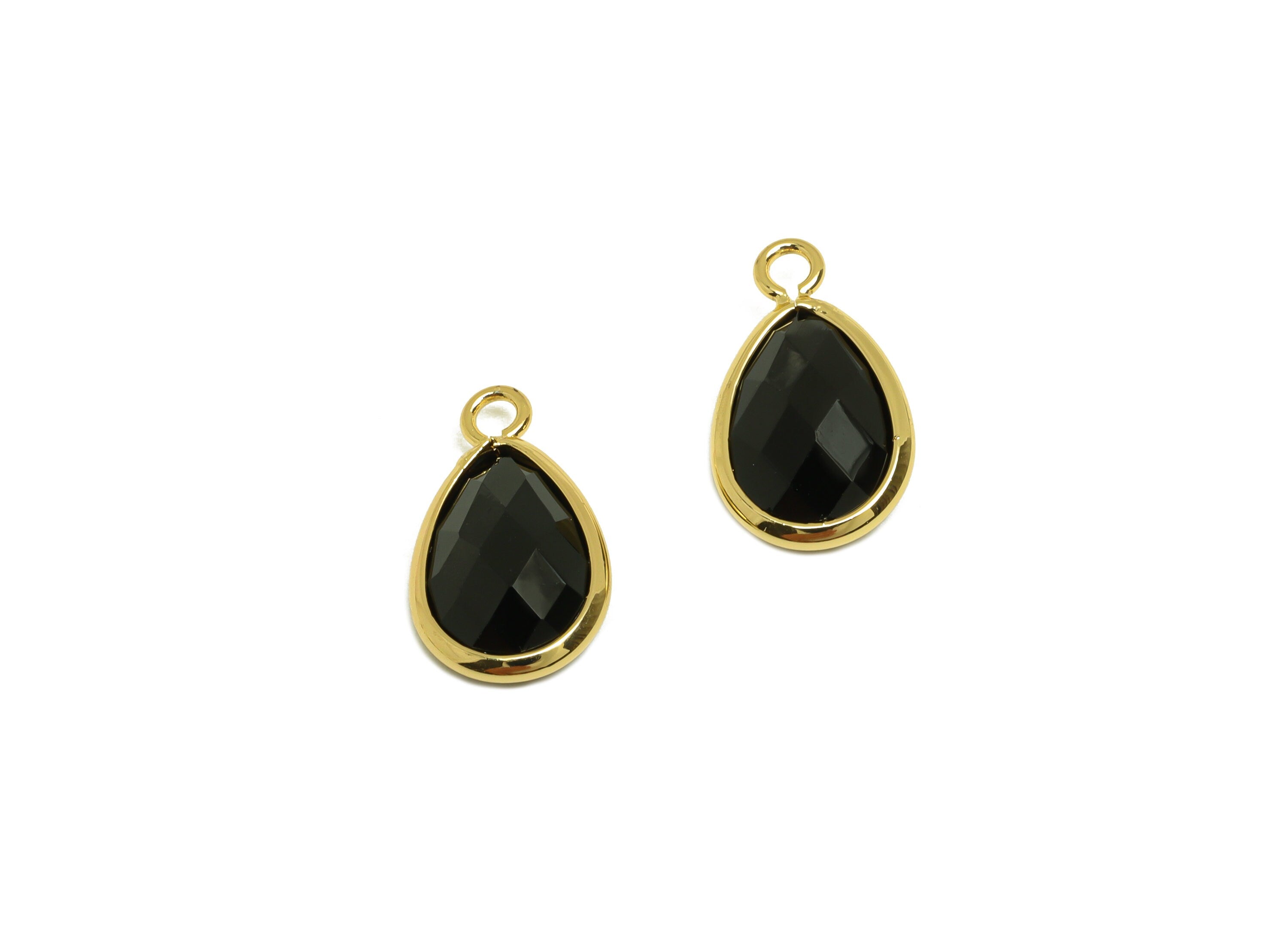 Brass Teardrop Earring Charm - Brass Faceted Glass Earring Charm - Brass Black Charm - 18K Real Gold Plated - 16.44x9.5x4.7mm- RGP6919D - DOMEDBAZAAR