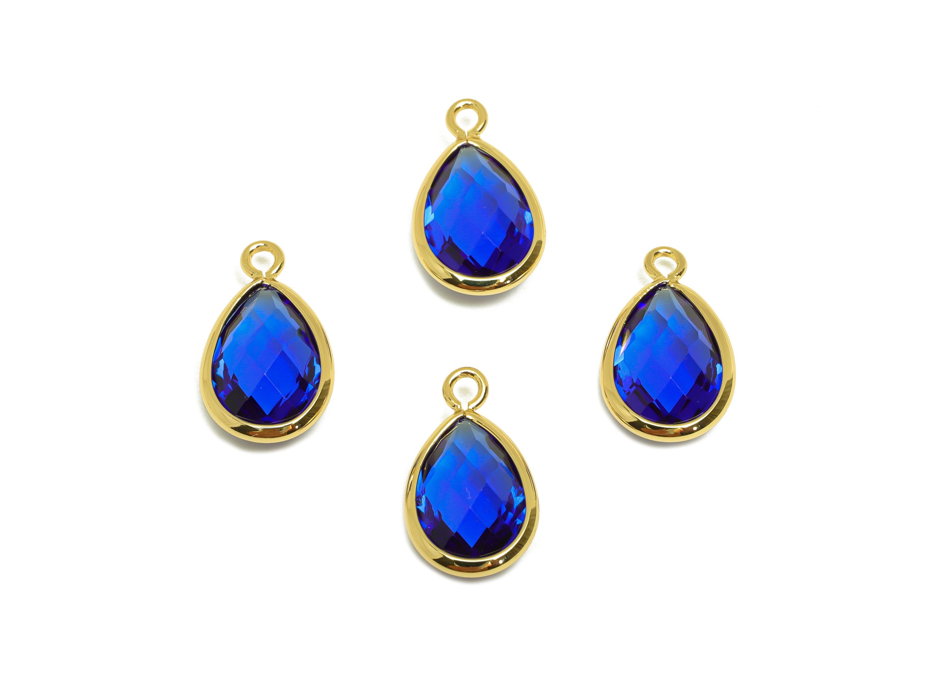 Brass Teardrop Earring Charm - Brass Faceted Glass Earring Charm - Brass Medium Blue Charm - 18K Real Gold Plated - 16.44x9.5x4mm- RGP6919P - DOMEDBAZAAR