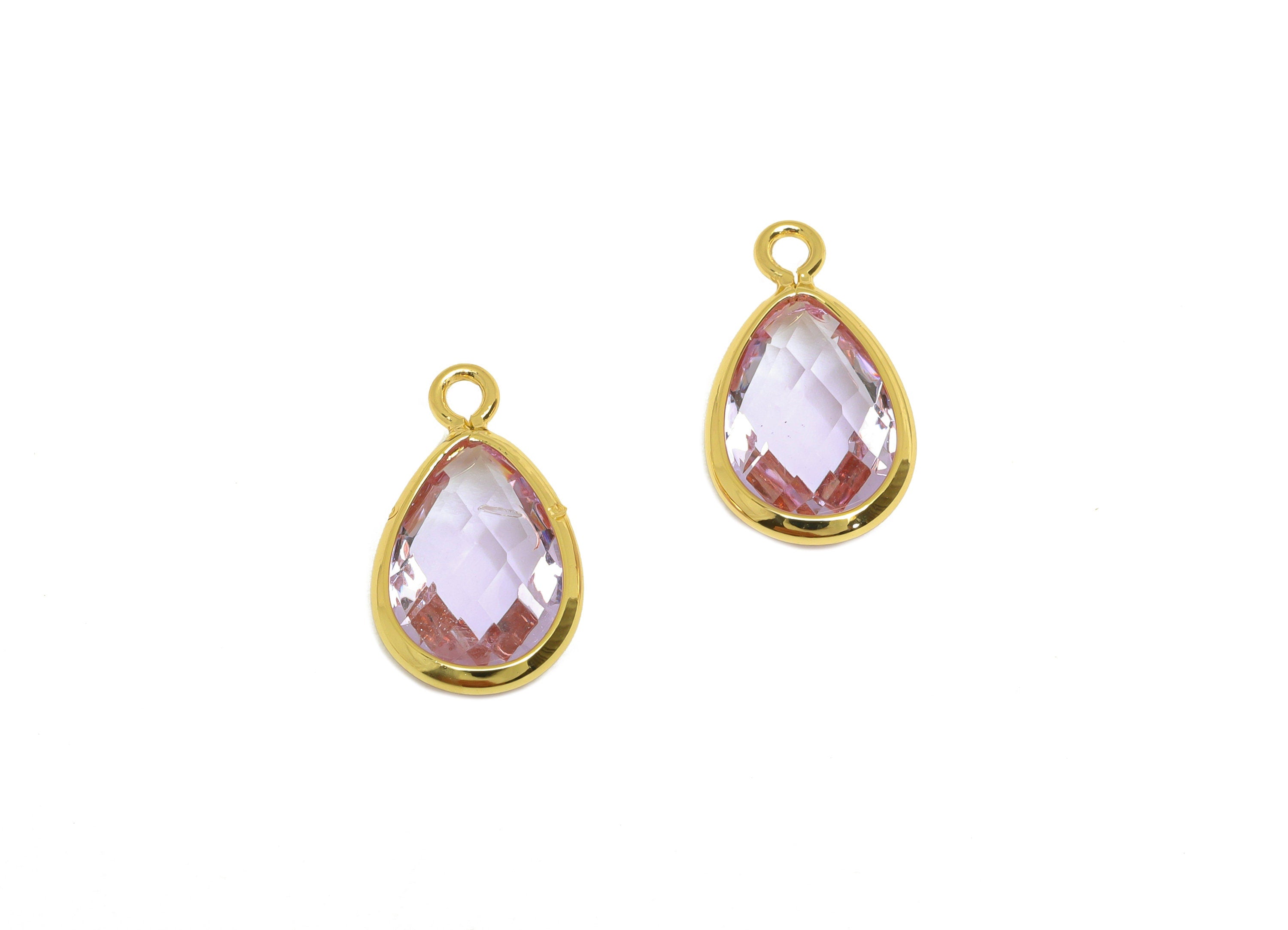 Brass Teardrop Earring Charm - Brass Faceted Glass Earring Charm - Brass Purple Glass Charm - 18K Real Gold Plated - 16.44x9.5x4mm- RGP6919J - DOMEDBAZAAR