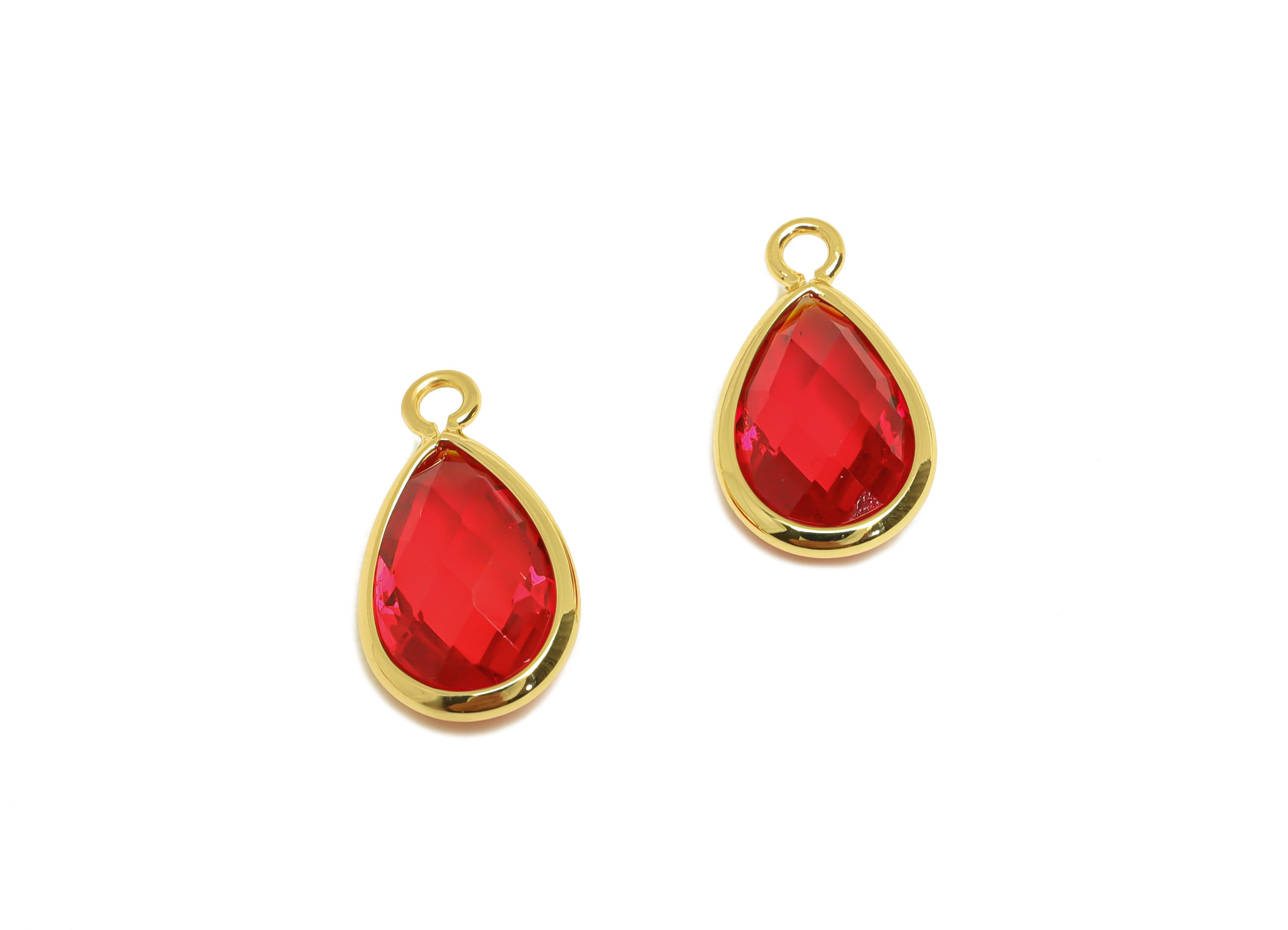 Brass Teardrop Earring Charm - Brass Faceted Glass Earring Charm - Brass Red Glass Charm - 18K Real Gold Plated - 16.44x9.5x4mm- RGP6919E - DOMEDBAZAAR