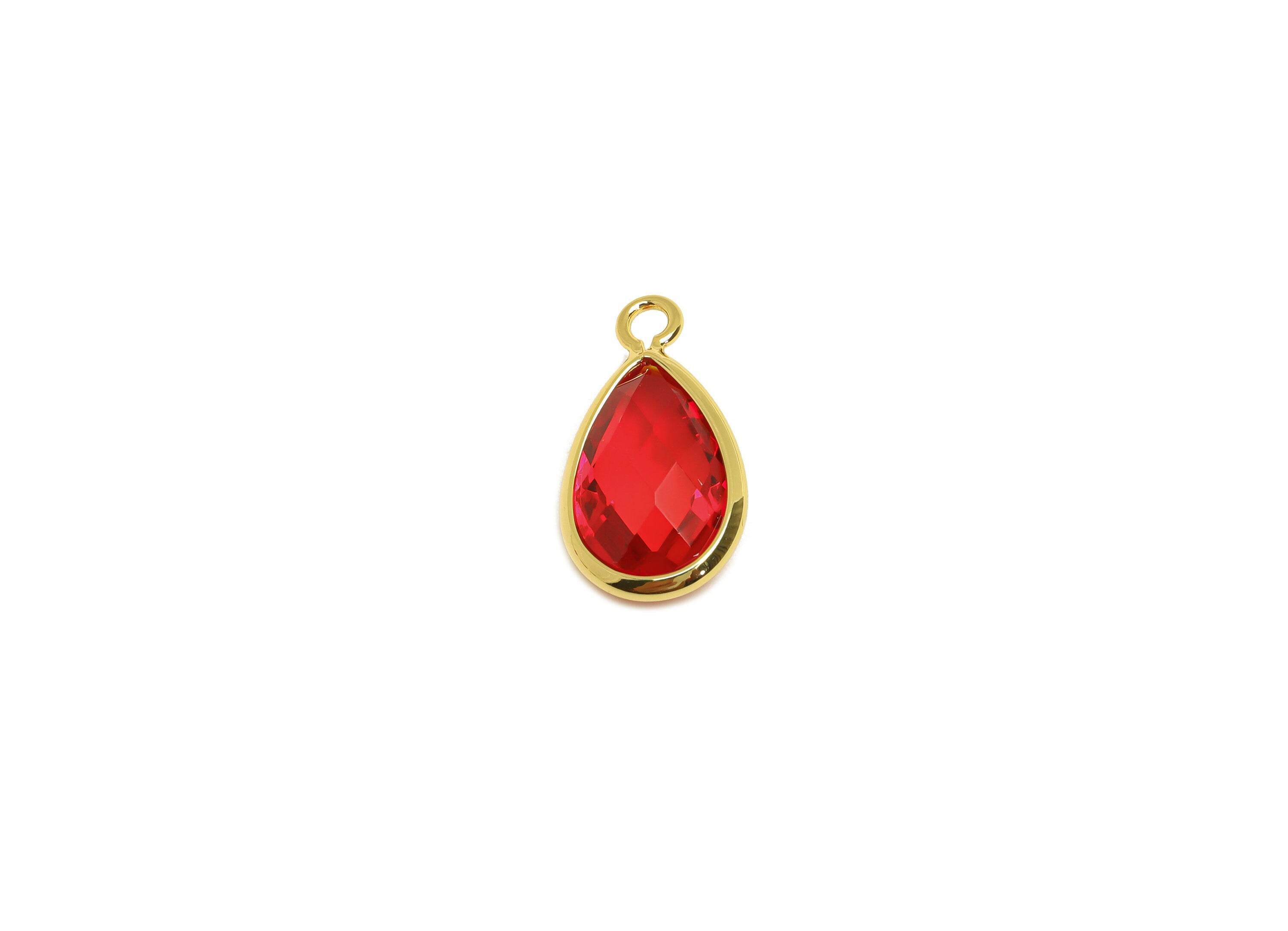 Brass Teardrop Earring Charm - Brass Faceted Glass Earring Charm - Brass Red Glass Charm - 18K Real Gold Plated - 16.44x9.5x4mm- RGP6919E - DOMEDBAZAAR