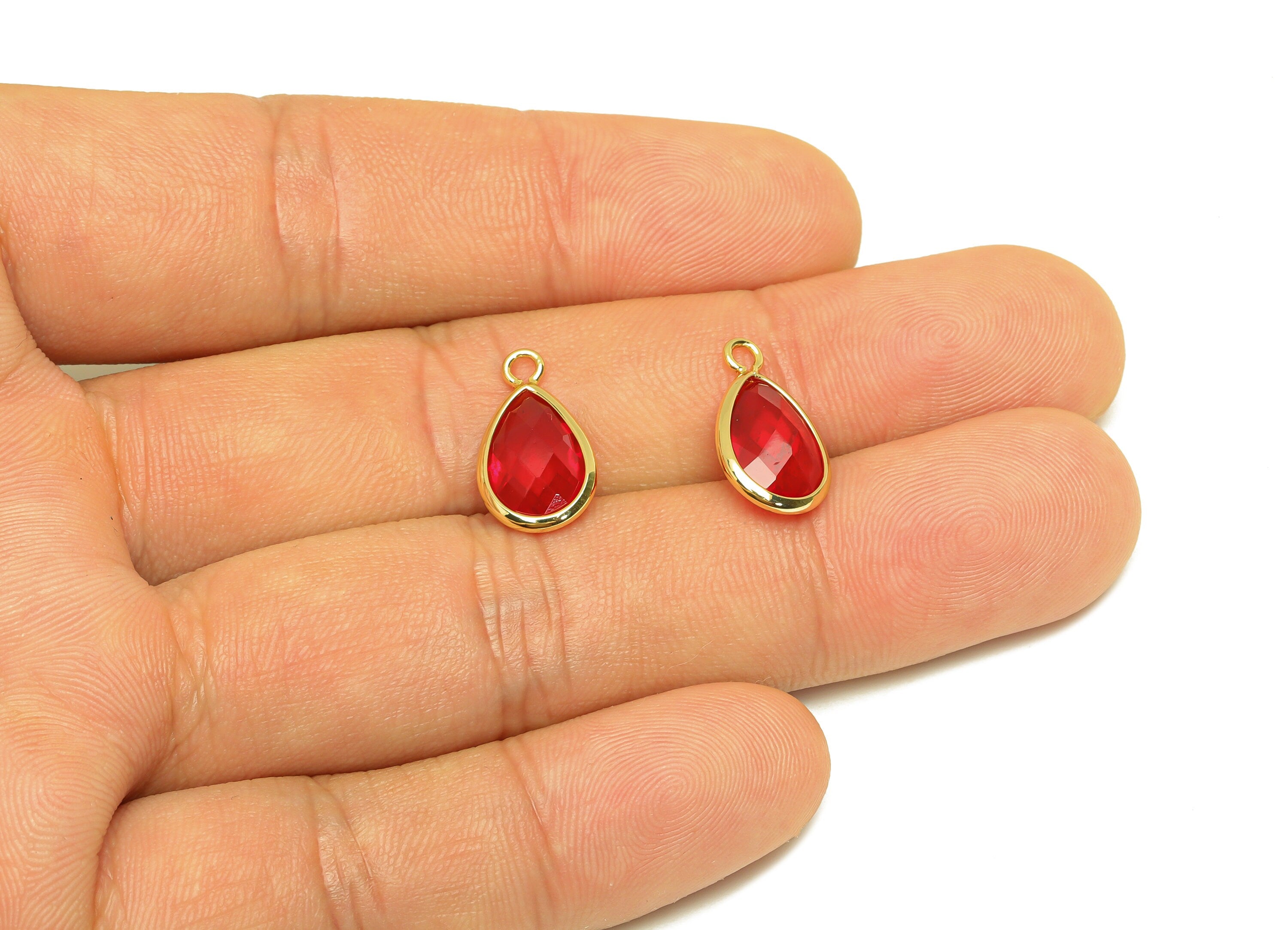 Brass Teardrop Earring Charm - Brass Faceted Glass Earring Charm - Brass Red Glass Charm - 18K Real Gold Plated - 16.44x9.5x4mm- RGP6919E - DOMEDBAZAAR
