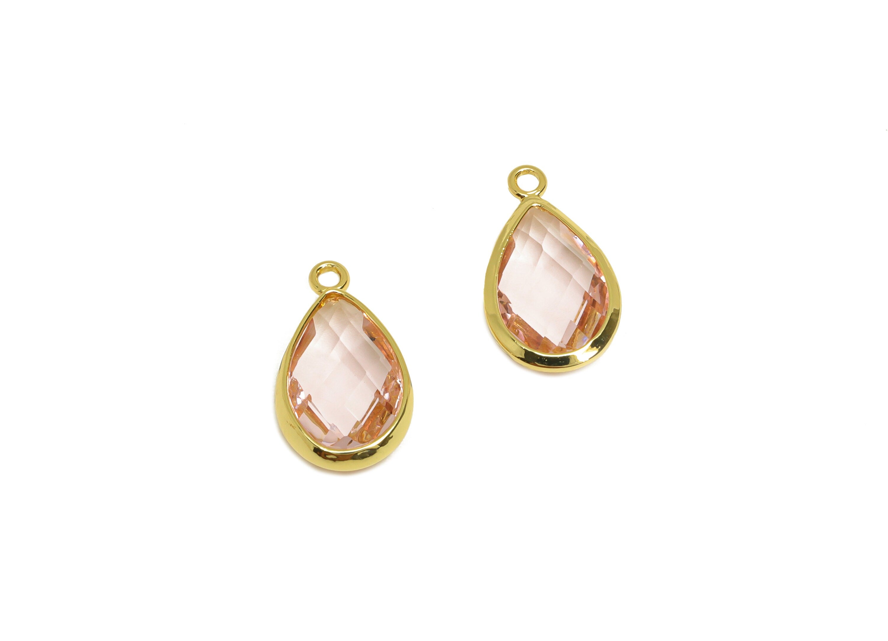 Brass Teardrop Earring Charm - Brass Faceted Glass Earring Charm - Brass Pink Glass Charm - 18K Real Gold Plated - 16.44x9.5x4mm- RGP6919L - DOMEDBAZAAR