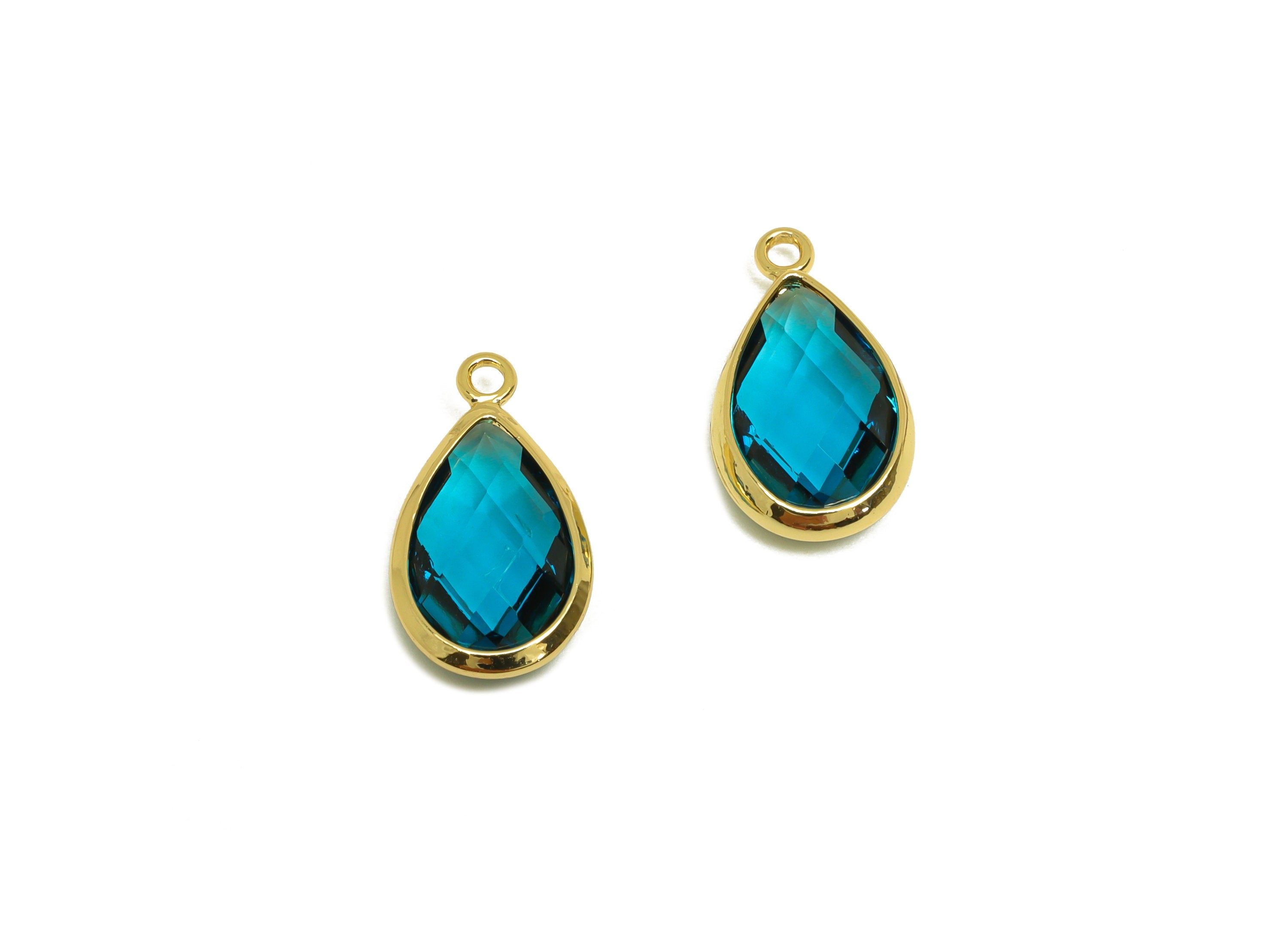 Brass Teardrop Earring Charm - Brass Faceted Glass Earring Charm - Brass Lake Blue Charm - 18K Real Gold Plated - 16.44x9.5x4mm- RGP6919F - DOMEDBAZAAR