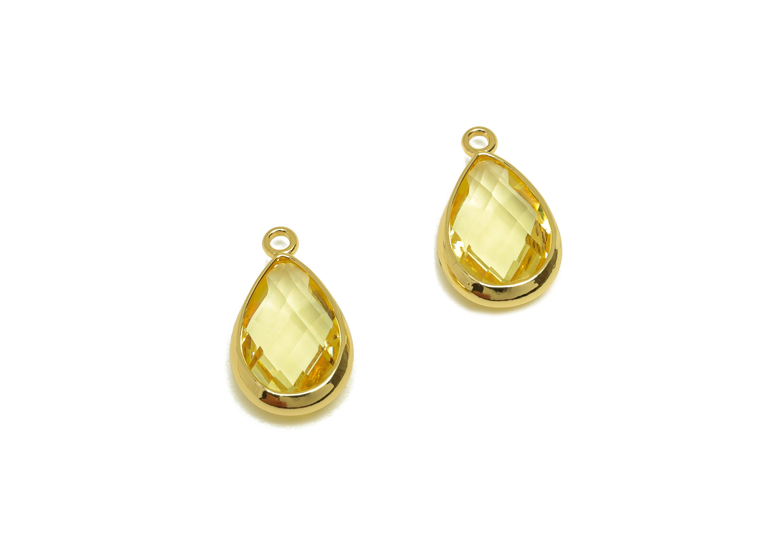 Brass Teardrop Earring Charm - Brass Faceted Glass Earring Charm - Brass Crystal Yellow Charm - 18K Real Gold Plated - 16.44x9x4mm- RGP6919R - DOMEDBAZAAR