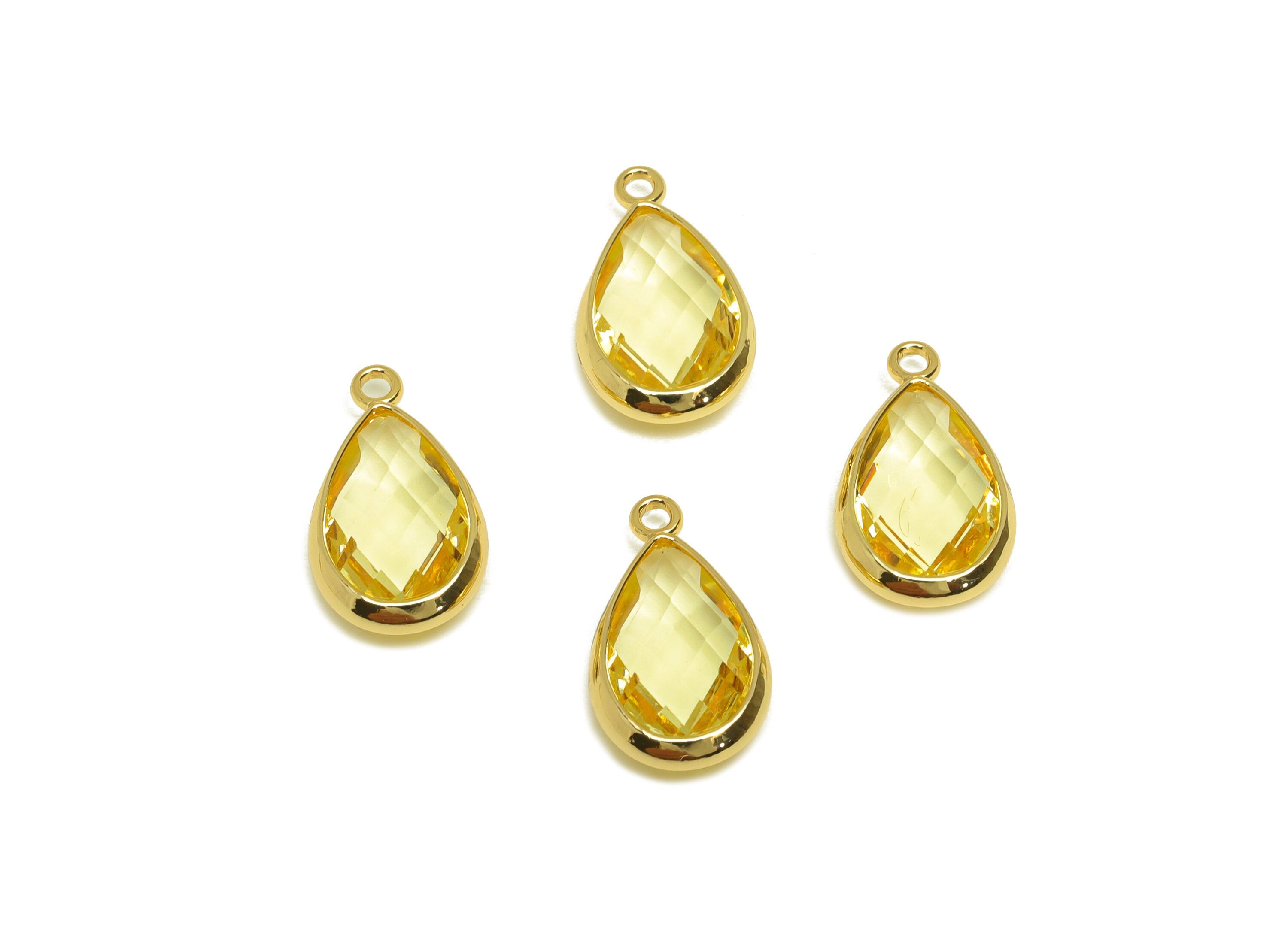 Brass Teardrop Earring Charm - Brass Faceted Glass Earring Charm - Brass Crystal Yellow Charm - 18K Real Gold Plated - 16.44x9x4mm- RGP6919R - DOMEDBAZAAR