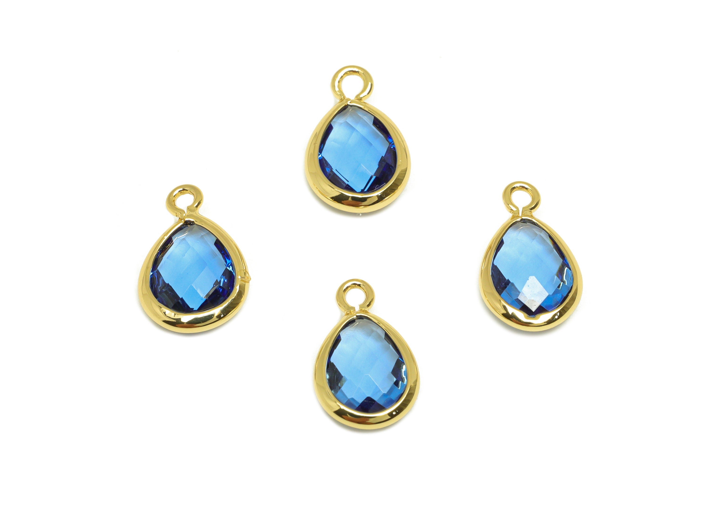 Brass Teardrop Earring Charm - Brass Faceted Glass Earring Charm - Brass Blue Charm - 18K Real Gold Plated - 11.7x6x3mm - RGP6921V - DOMEDBAZAAR