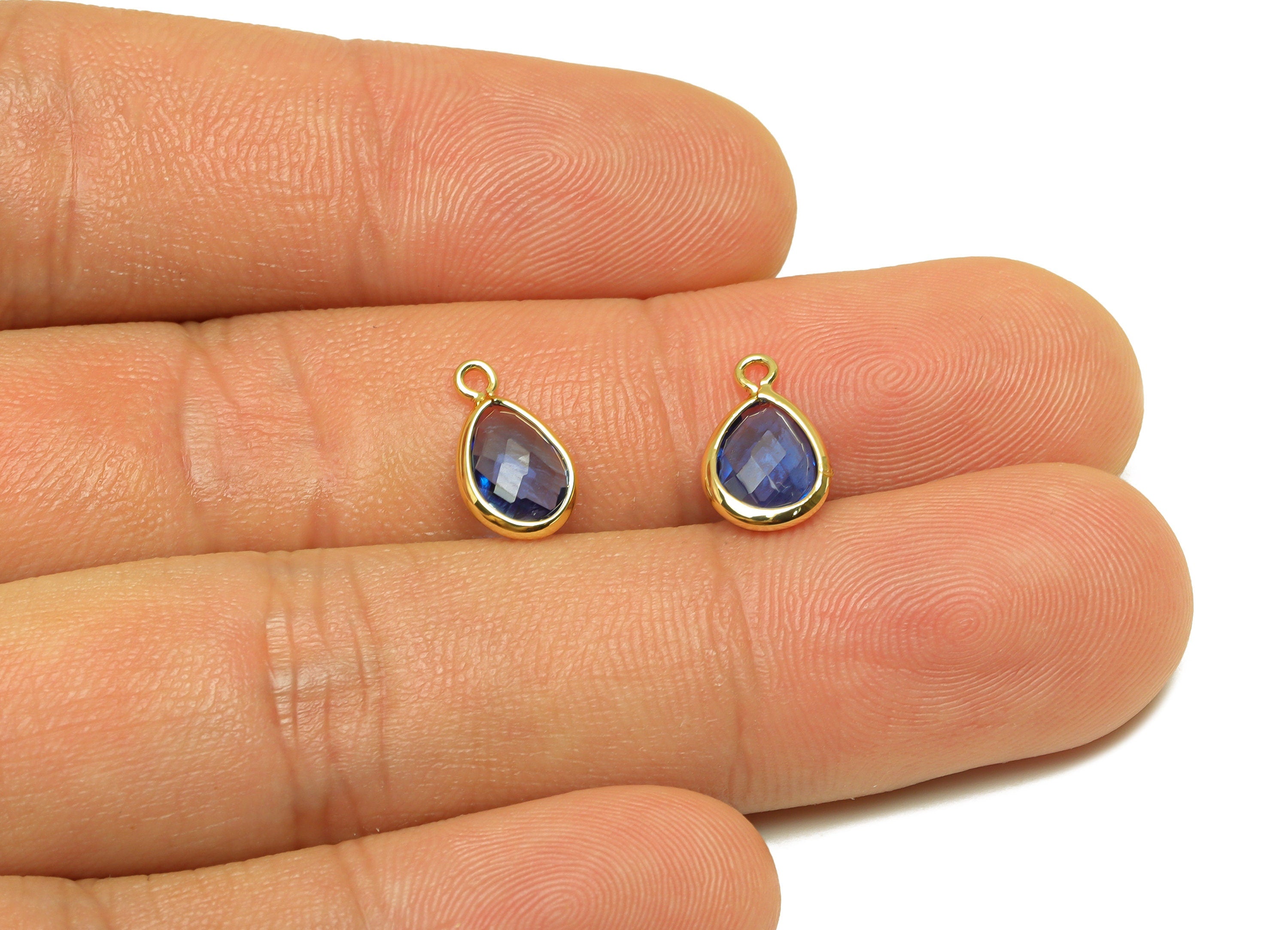 Brass Teardrop Earring Charm - Brass Faceted Glass Earring Charm - Brass Blue Charm - 18K Real Gold Plated - 11.7x6x3mm - RGP6921V - DOMEDBAZAAR