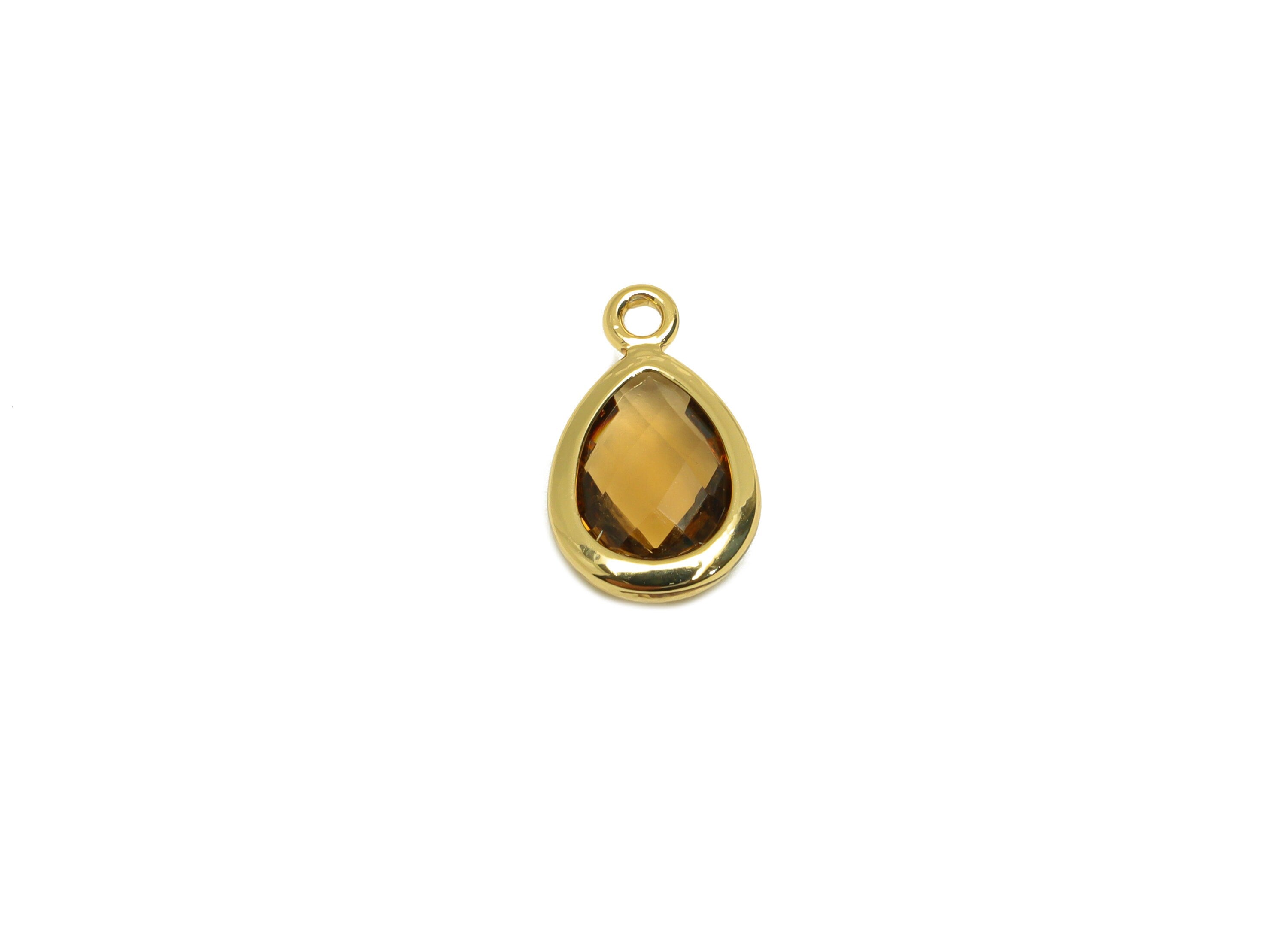 Brass Teardrop Earring Charm - Brass Faceted Glass Earring Charm - Brass Dark Brown Charm - 18K Real Gold Plated - 11.7x6x3mm - RGP6921W - DOMEDBAZAAR