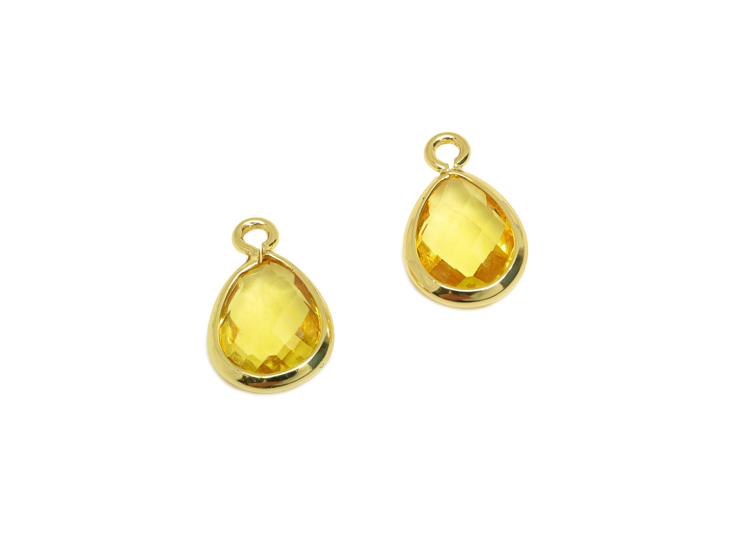 Brass Teardrop Earring Charm - Brass Faceted Glass Earring Charm - Brass Crystal Yellow Charm - 18K Real Gold Plated - 11.7x6x3mm - RGP6921M - DOMEDBAZAAR