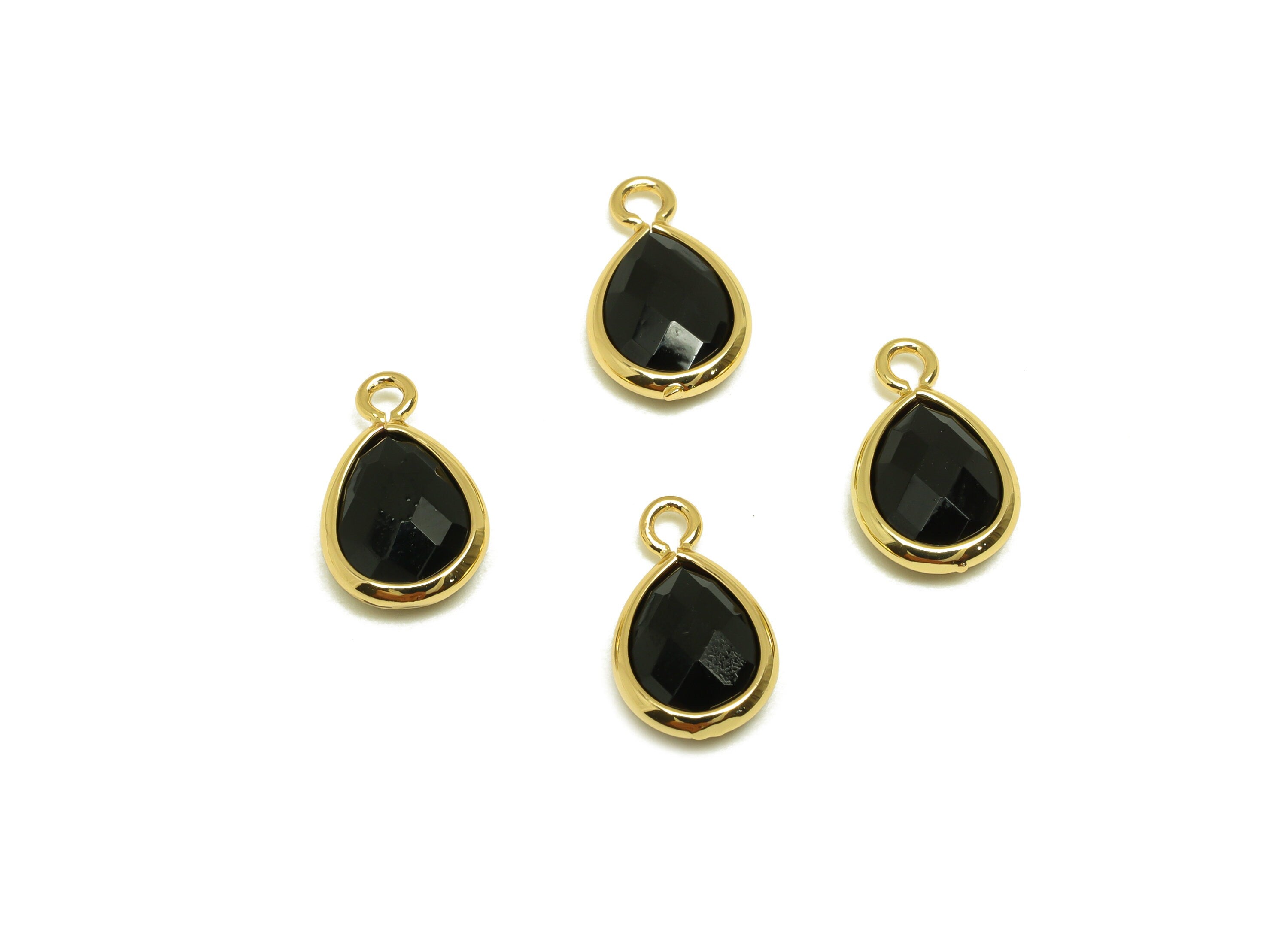 Brass Teardrop Earring Charm - Brass Faceted Glass Earring Charm - Brass Black Glass Charm - 18K Real Gold Plated - 11.7x6x3mm - RGP6921R - DOMEDBAZAAR