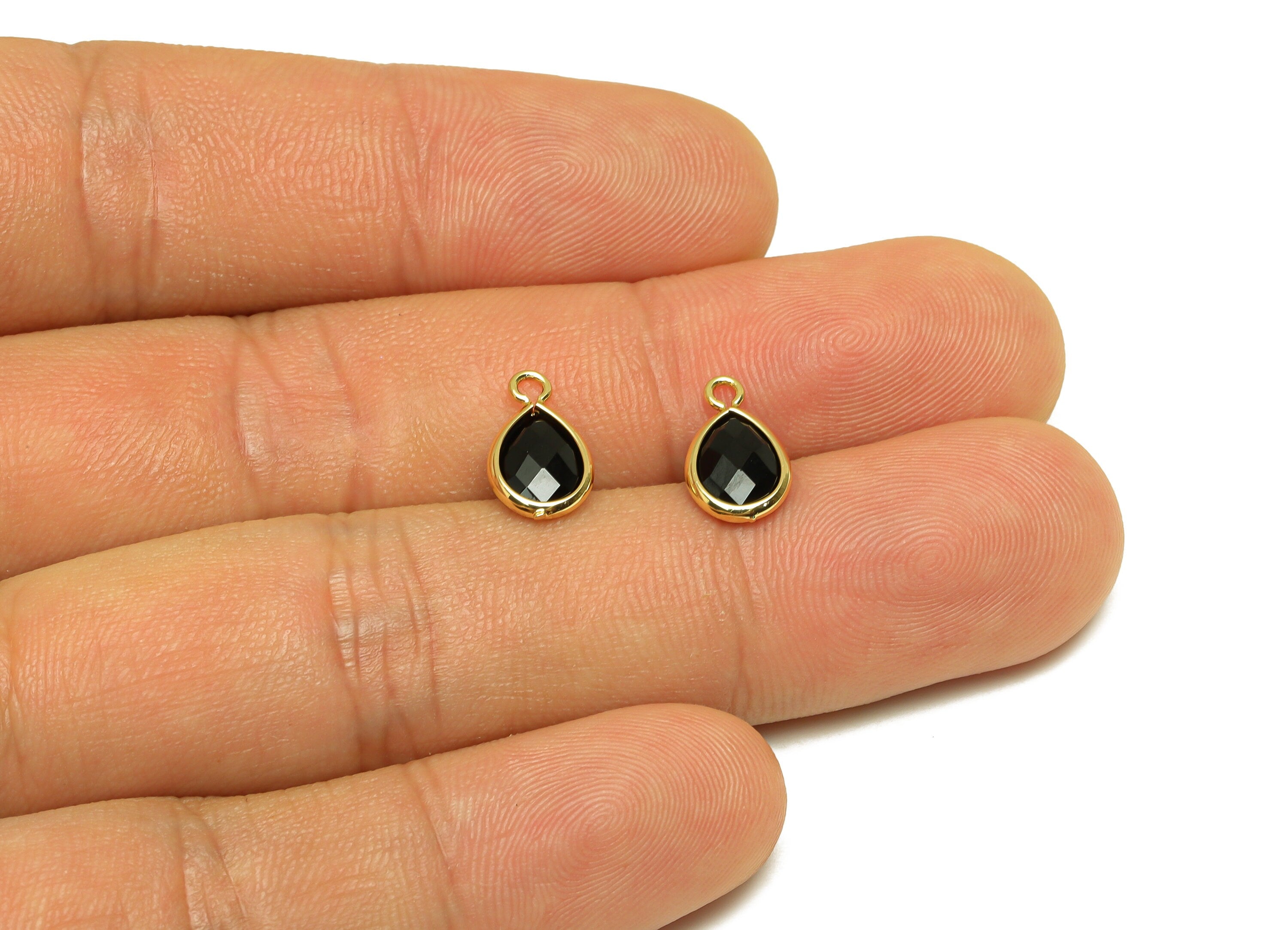 Brass Teardrop Earring Charm - Brass Faceted Glass Earring Charm - Brass Black Glass Charm - 18K Real Gold Plated - 11.7x6x3mm - RGP6921R - DOMEDBAZAAR