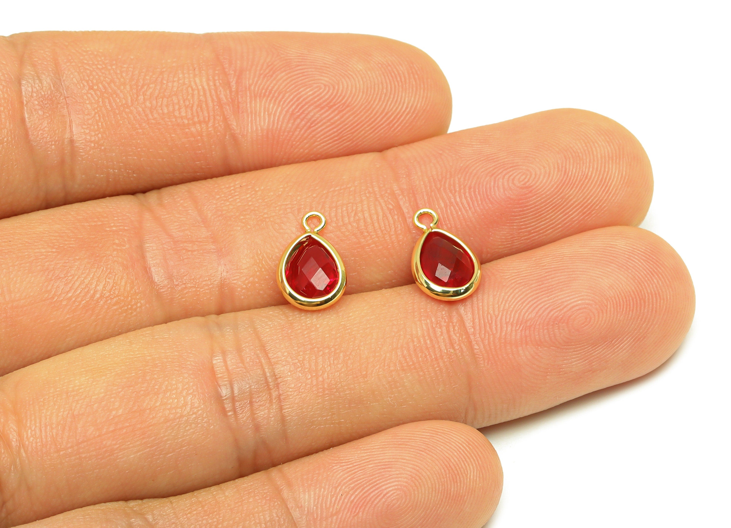 Brass Teardrop Earring Charm - Brass Faceted Glass Earring Charm - Brass Red Glass Earring Charm - 18K Real Gold Plated - 11x6x3mm -RGP6921C - DOMEDBAZAAR