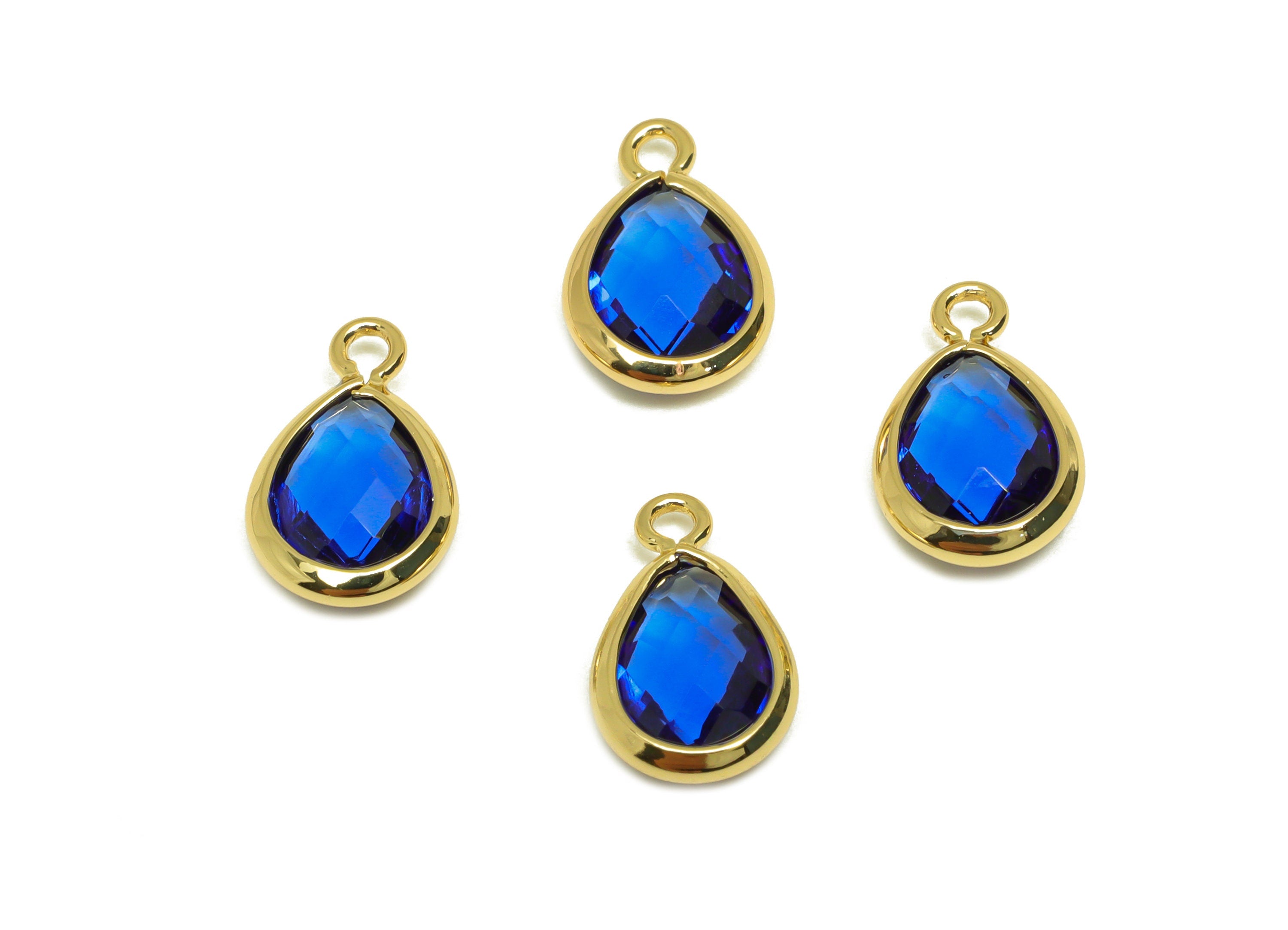 Brass Teardrop Earring Charm - Brass Faceted Glass Earring Charm - Royal Blue Glass Earring Charm - 18K Real Gold Plated - 11x6x3mm-RGP6921G - DOMEDBAZAAR