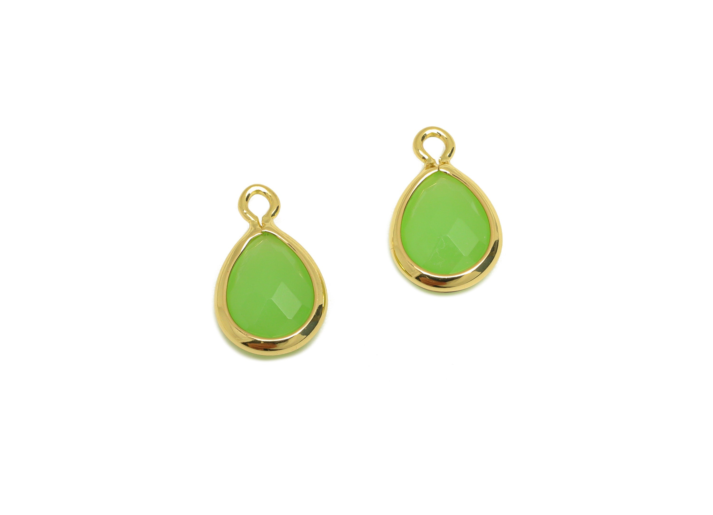 Brass Teardrop Earring Charm - Brass Faceted Glass Earring Charm - Light Green Glass Earring Charm - 18K Real Gold Plated -11x6x3mm-RGP6921K - DOMEDBAZAAR