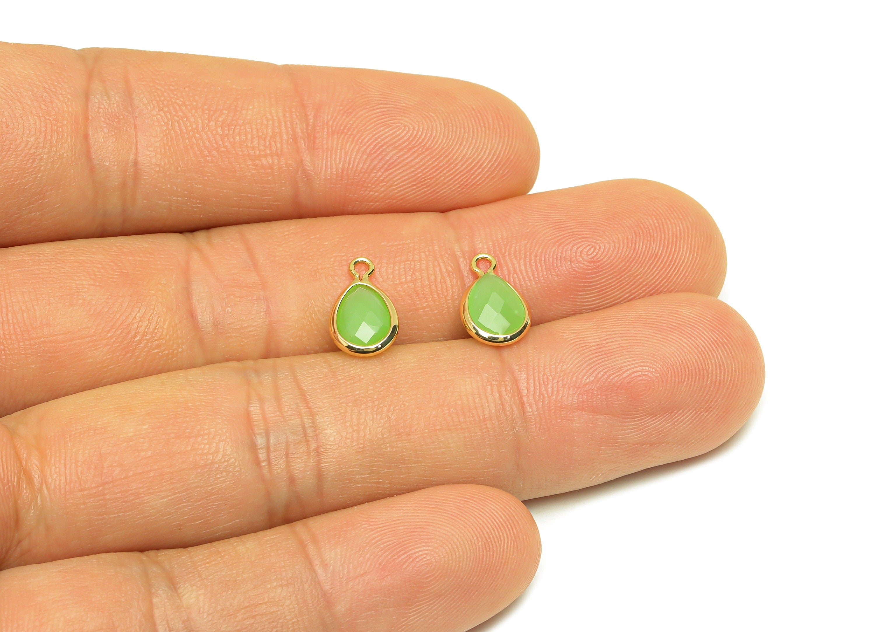 Brass Teardrop Earring Charm - Brass Faceted Glass Earring Charm - Light Green Glass Earring Charm - 18K Real Gold Plated -11x6x3mm-RGP6921K - DOMEDBAZAAR