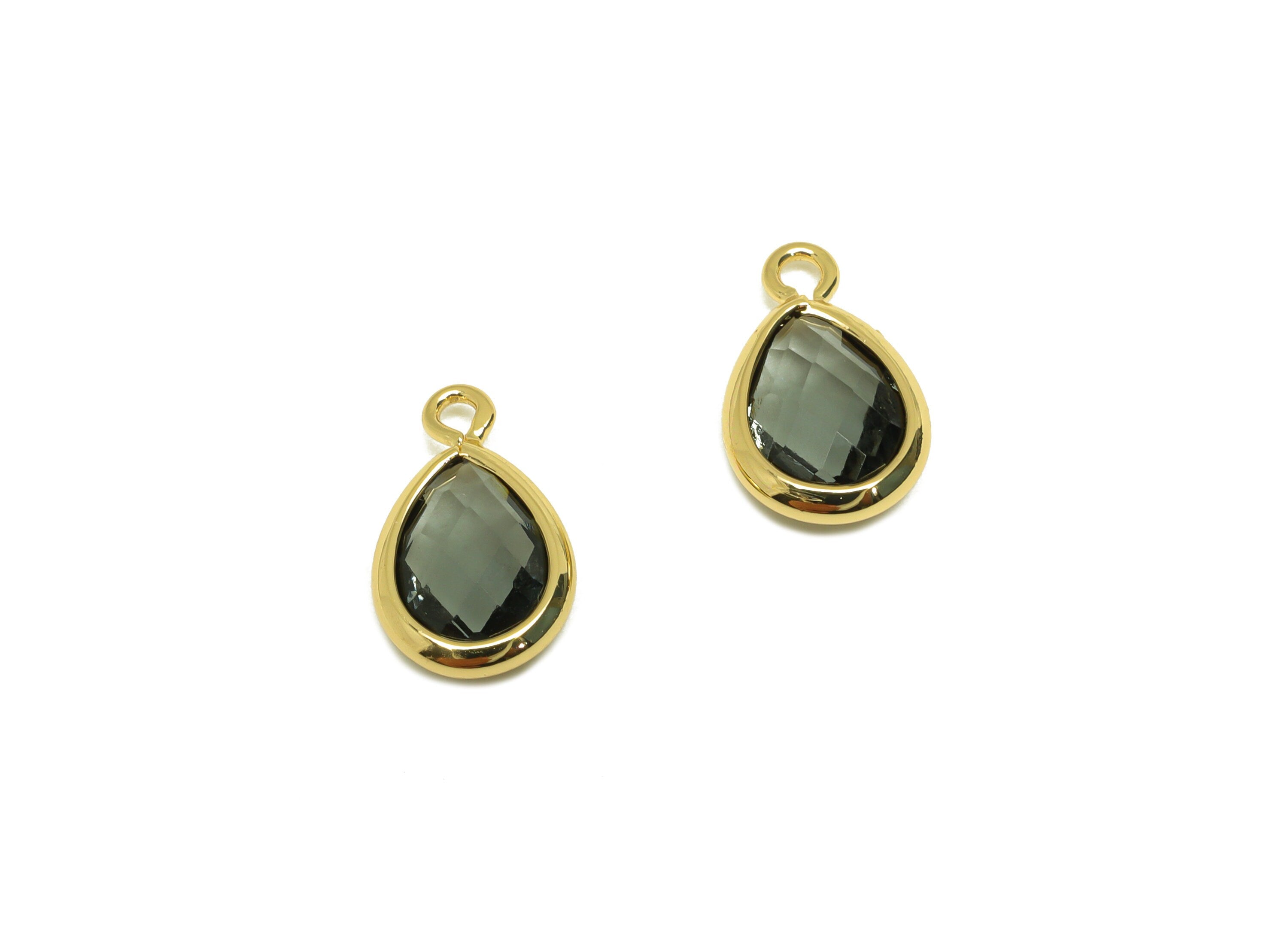 Brass Teardrop Earring Charm - Brass Faceted Glass Earring Charm - Transparent Black Earring Charm - 18K Real Gold Plated -11x6x3mm-RGP6921Y - DOMEDBAZAAR