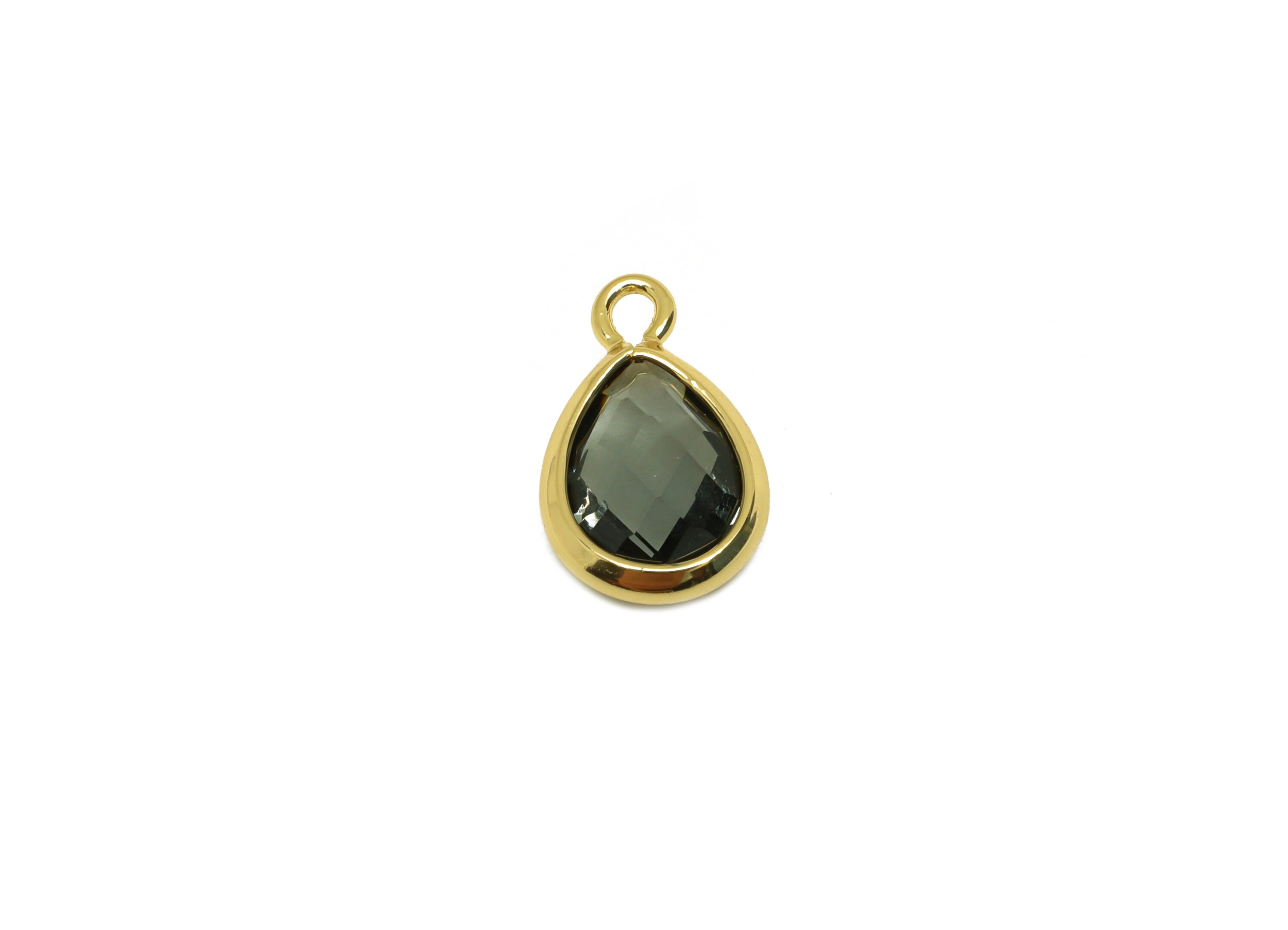 Brass Teardrop Earring Charm - Brass Faceted Glass Earring Charm - Transparent Black Earring Charm - 18K Real Gold Plated -11x6x3mm-RGP6921Y - DOMEDBAZAAR