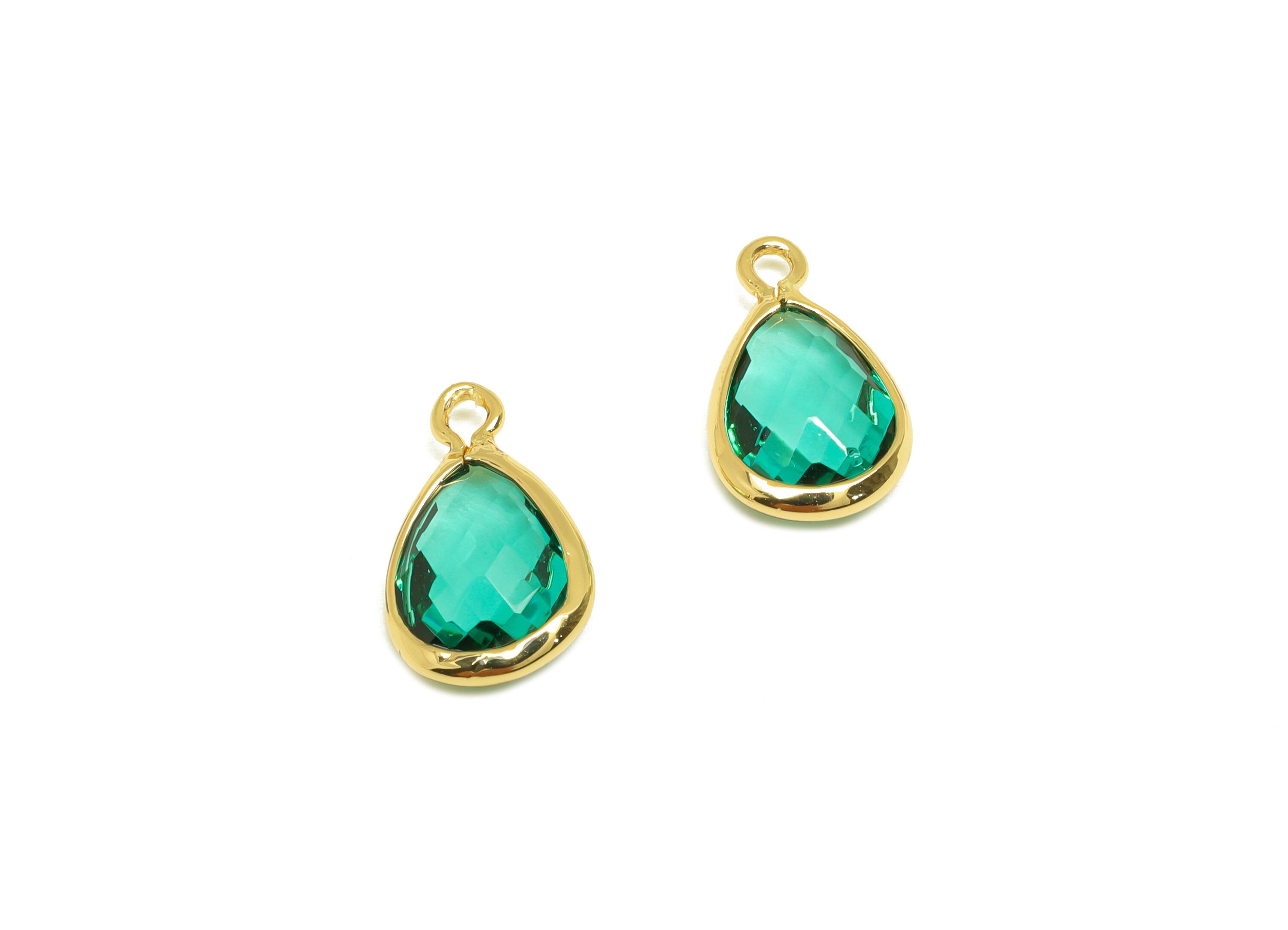 Brass Teardrop Earring Charm - Brass Faceted Glass Earring Charm - Hole Green Earring Charm - 18K Real Gold Plated - 11x6x3mm - RGP6921E - DOMEDBAZAAR
