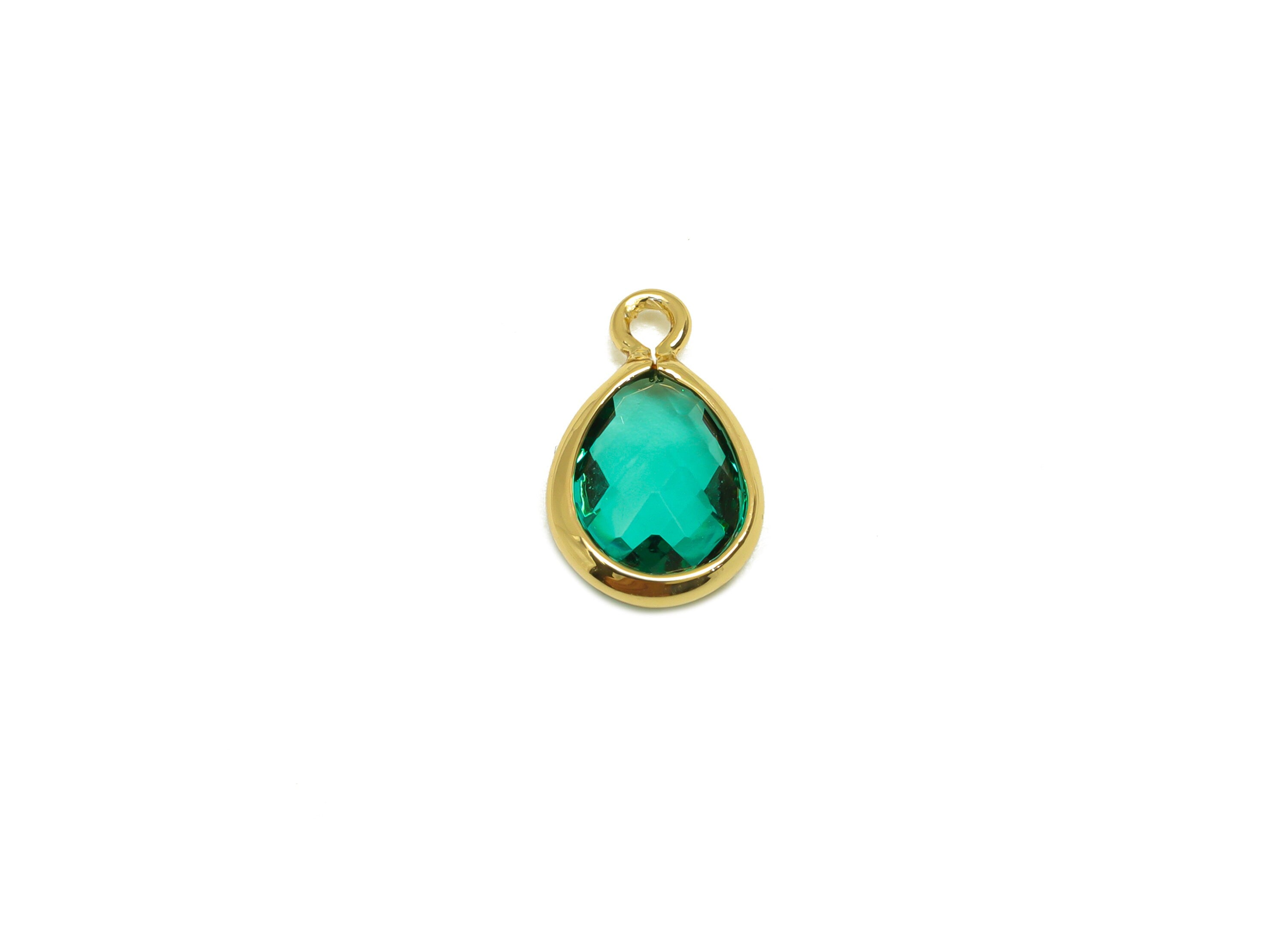 Brass Teardrop Earring Charm - Brass Faceted Glass Earring Charm - Hole Green Earring Charm - 18K Real Gold Plated - 11x6x3mm - RGP6921E - DOMEDBAZAAR