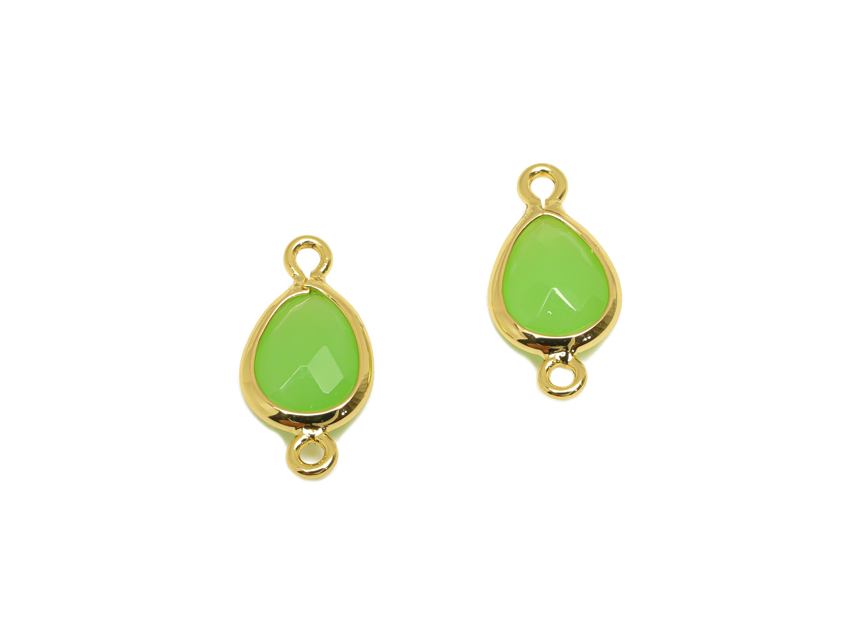 Brass Teardrop Connector - Brass Faceted Glass Earring Charm - Light Green Earring Charm - 18K Real Gold Plated - 14x6x2.94mm - RGP6922K - DOMEDBAZAAR