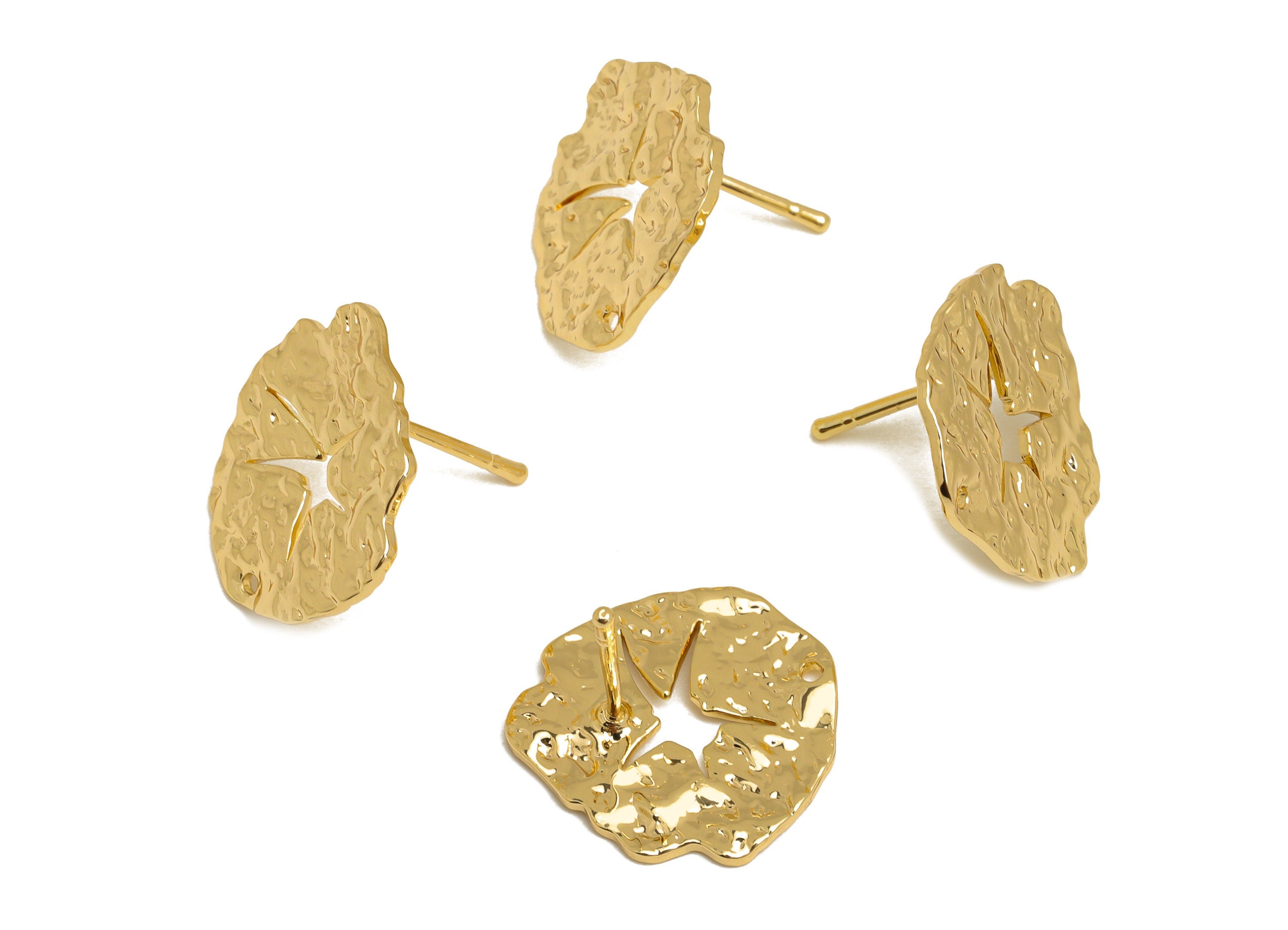 Brass Leaf Earring Post - Brass Textured Leaf Earring Stud - Lotus Leaf Earring Post With Hole - 18K Real Gold Plating - 17x18x1mm - RGP6772 - DOMEDBAZAAR